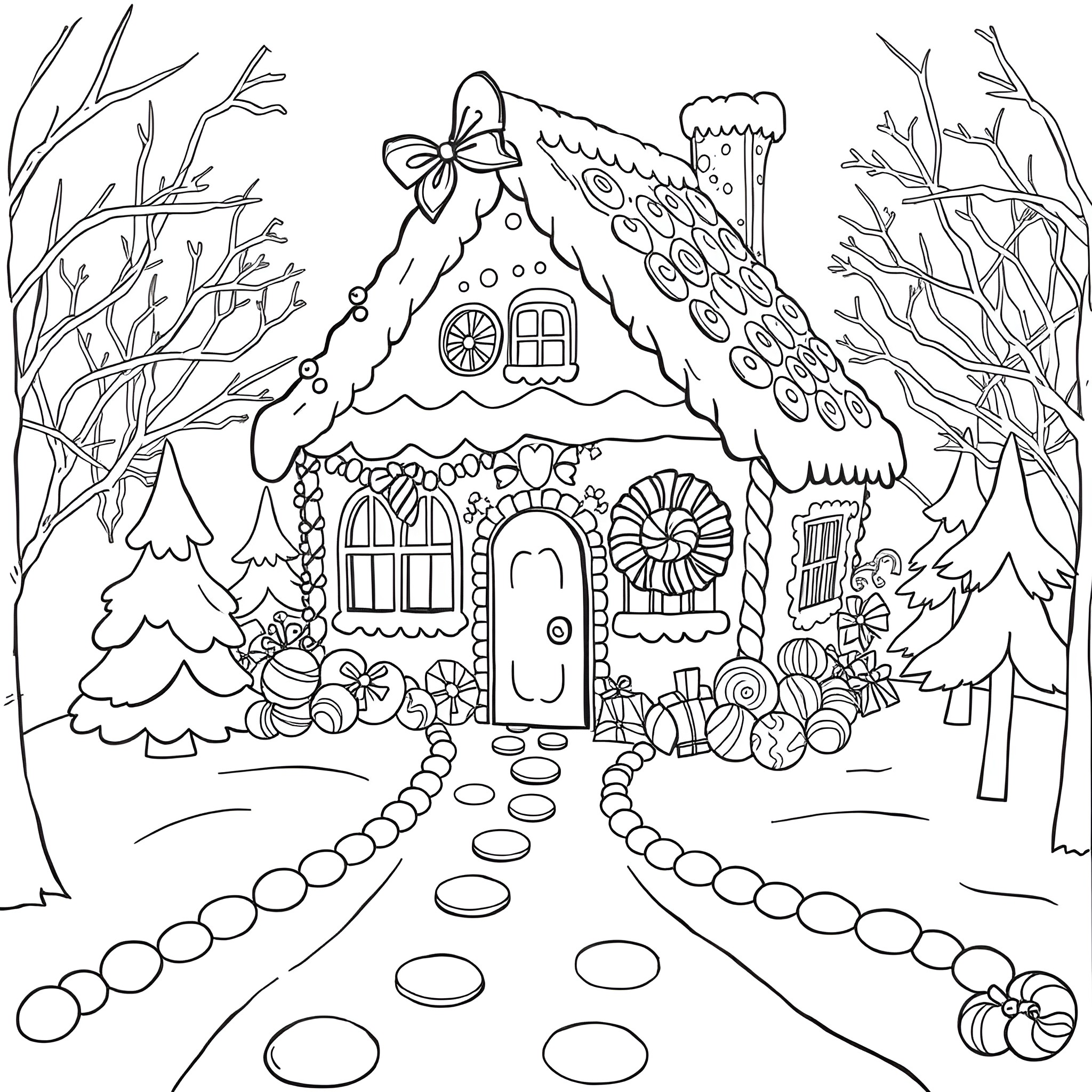 Gingerbread House in a Magical Winter Wonderland Coloring Page (free black-and-white line drawing printable PDF for all, from beginners to advanced learners, including children, teens, adults, and seniors)