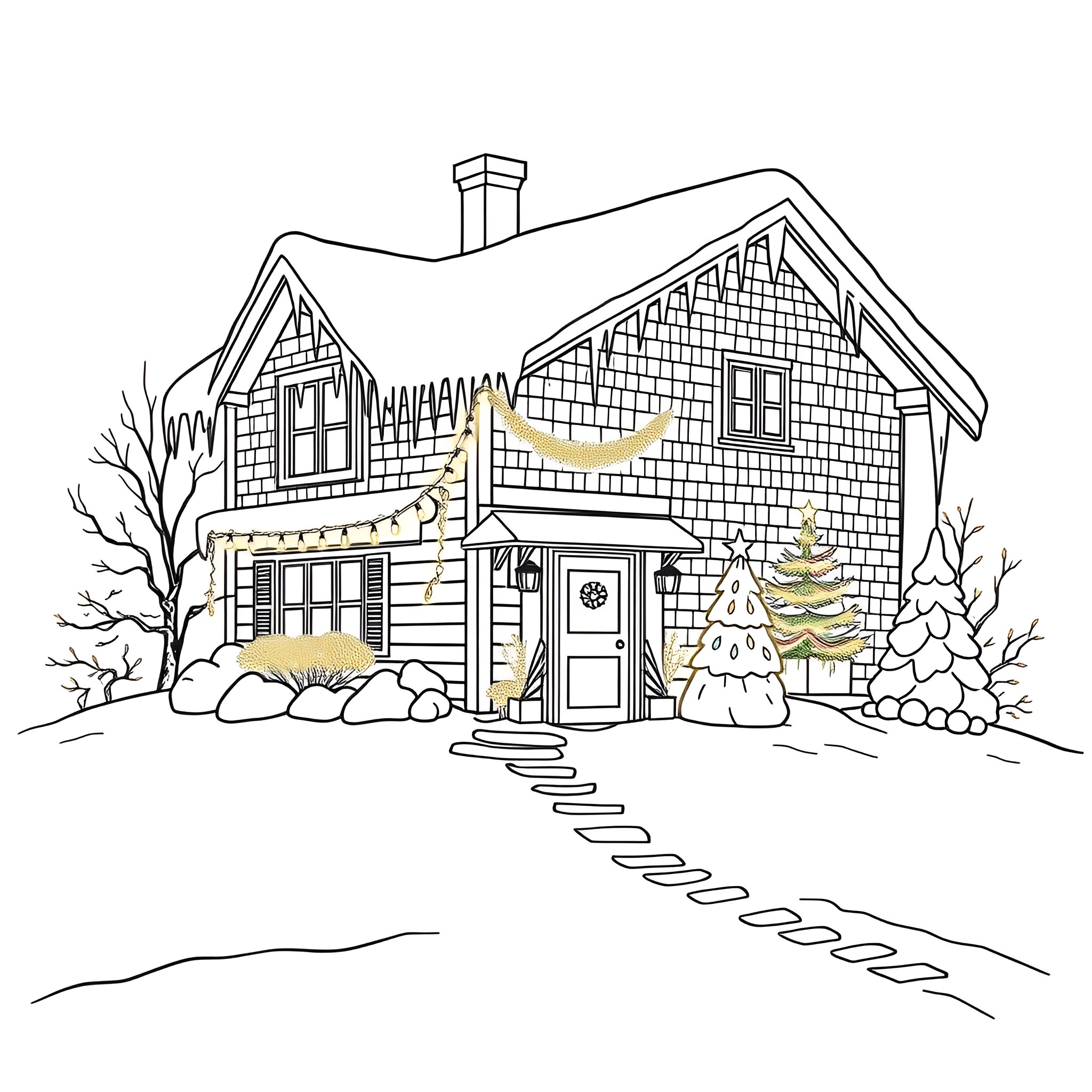 House with decorations and snowy landscape Coloring Page (free black-and-white line drawing printable PDF for all, from beginners to advanced learners, including children, teens, adults, and seniors)