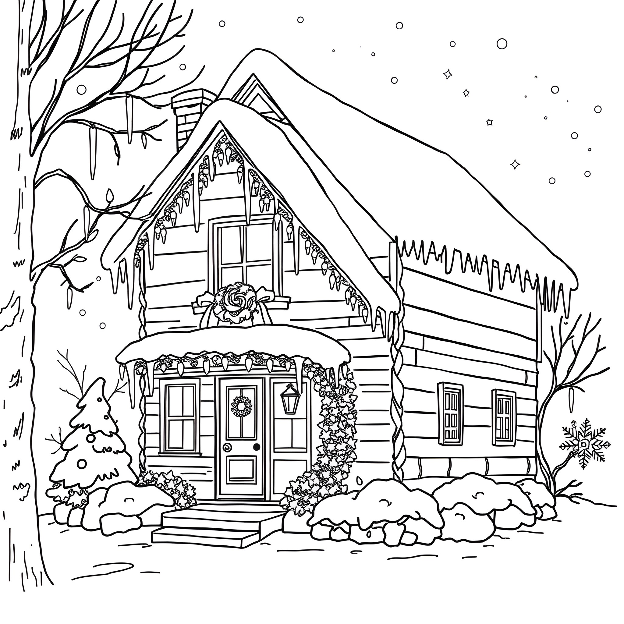 House in the Snowy Winter Landscape Coloring Page (free black-and-white line drawing printable PDF for all, from beginners to advanced learners, including children, teens, adults, and seniors)