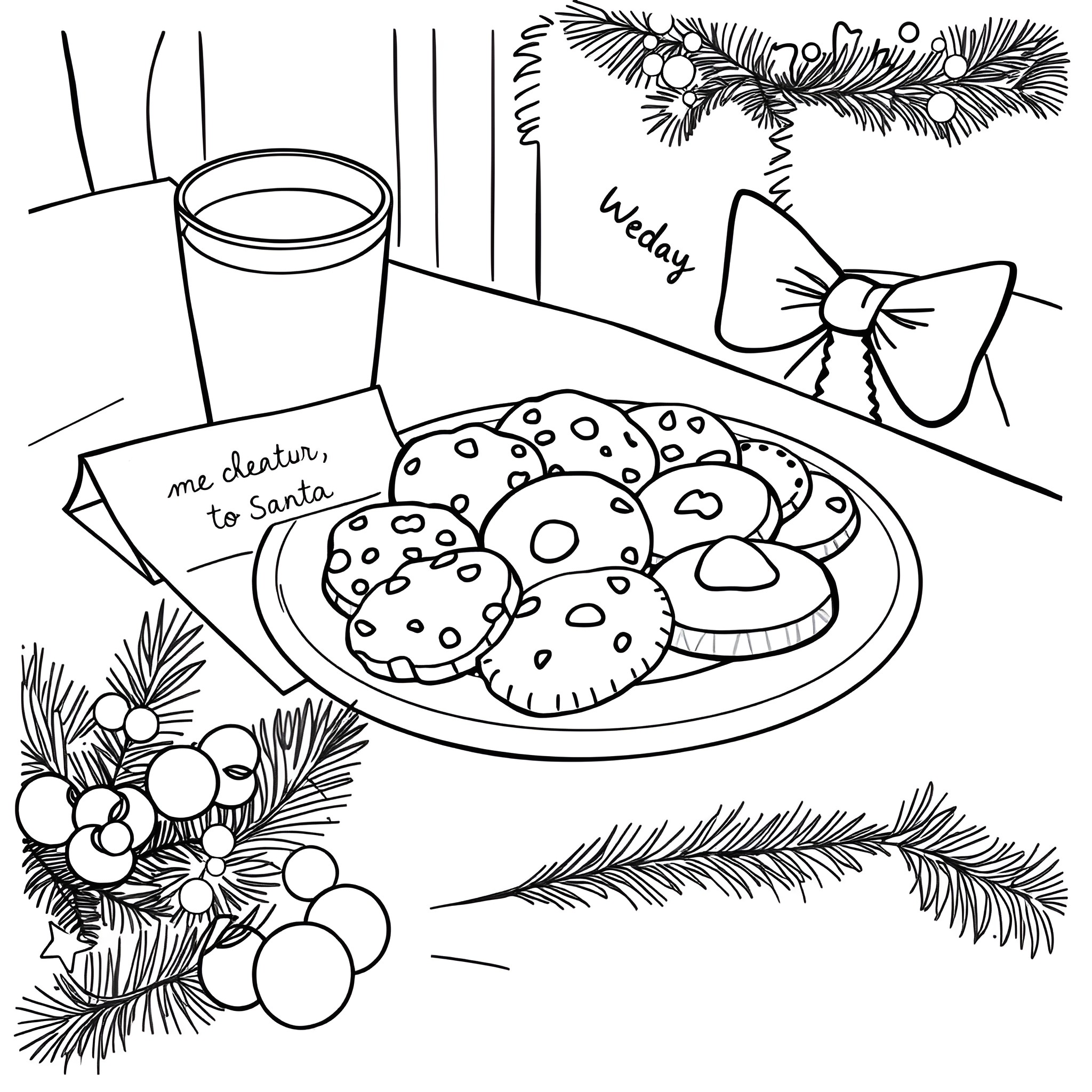 Santa's Cookies and Holiday Decor Coloring Page (free black-and-white line drawing printable PDF for all, from beginners to advanced learners, including children, teens, adults, and seniors)