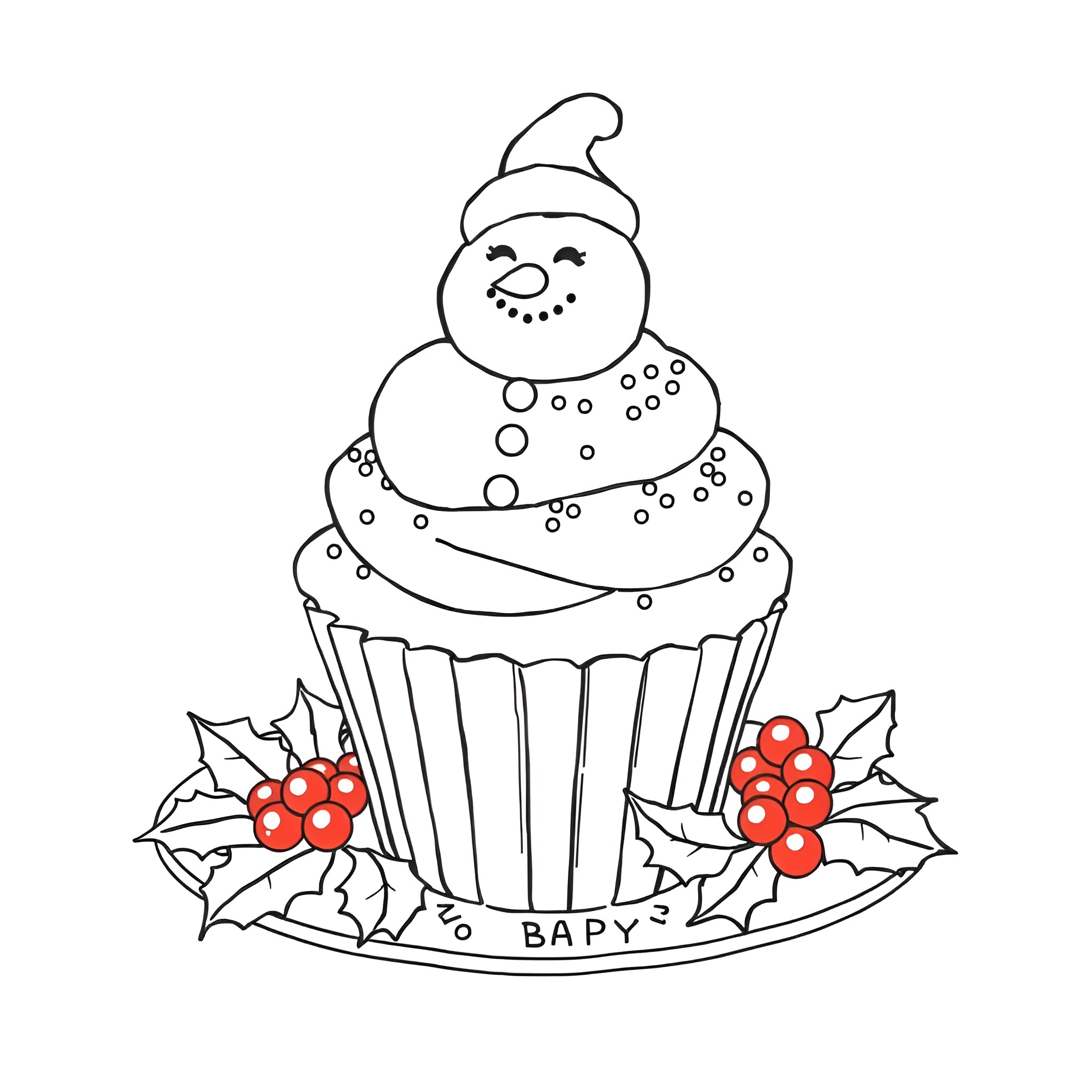 Cupcake with Snowman Topper and Holly Leaves Coloring Page (free black-and-white line drawing printable PDF for all, from beginners to advanced learners, including children, teens, adults, and seniors)