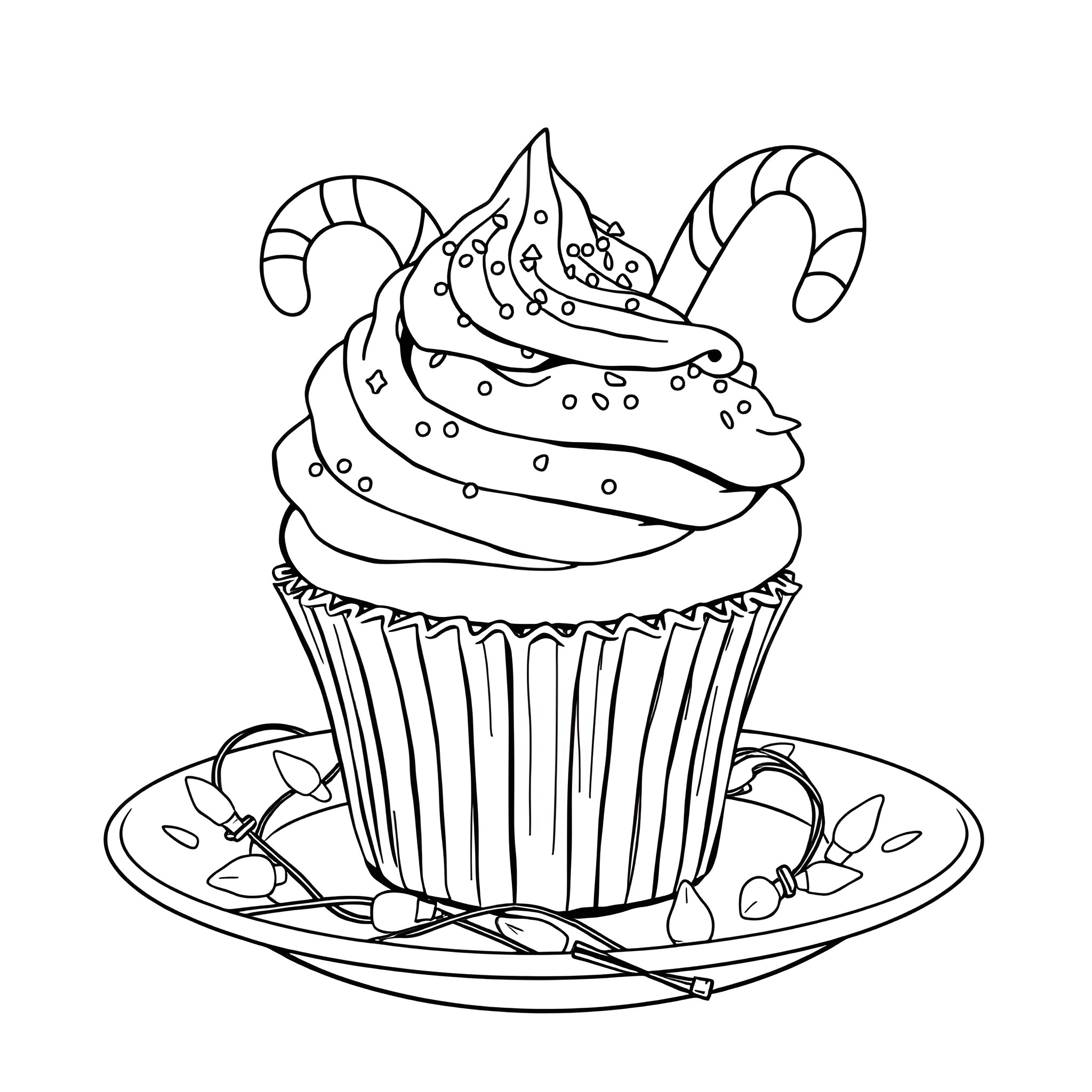 Cupcake with candy cane decorations Coloring Page (free black-and-white line drawing printable PDF for all, from beginners to advanced learners, including children, teens, adults, and seniors)