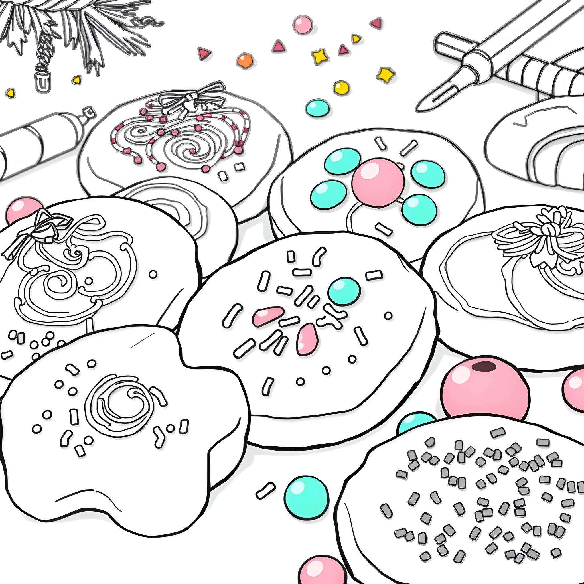 Cookie Decorating Fun Coloring Page (free black-and-white line drawing printable PDF for all, from beginners to advanced learners, including children, teens, adults, and seniors)