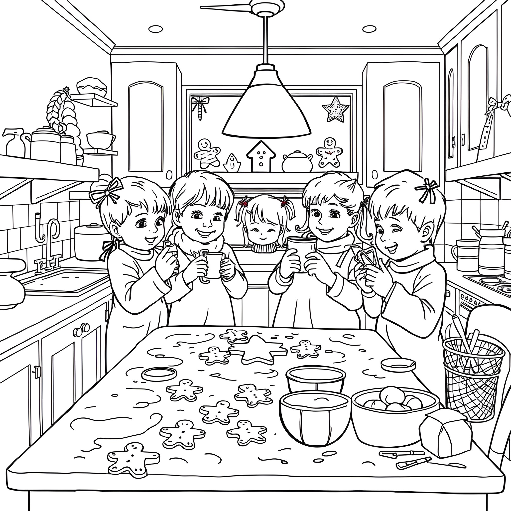 Gingerbread Man Family Making Holiday Treats Together Coloring Page (free black-and-white line drawing printable PDF for all, from beginners to advanced learners, including children, teens, adults, and seniors)