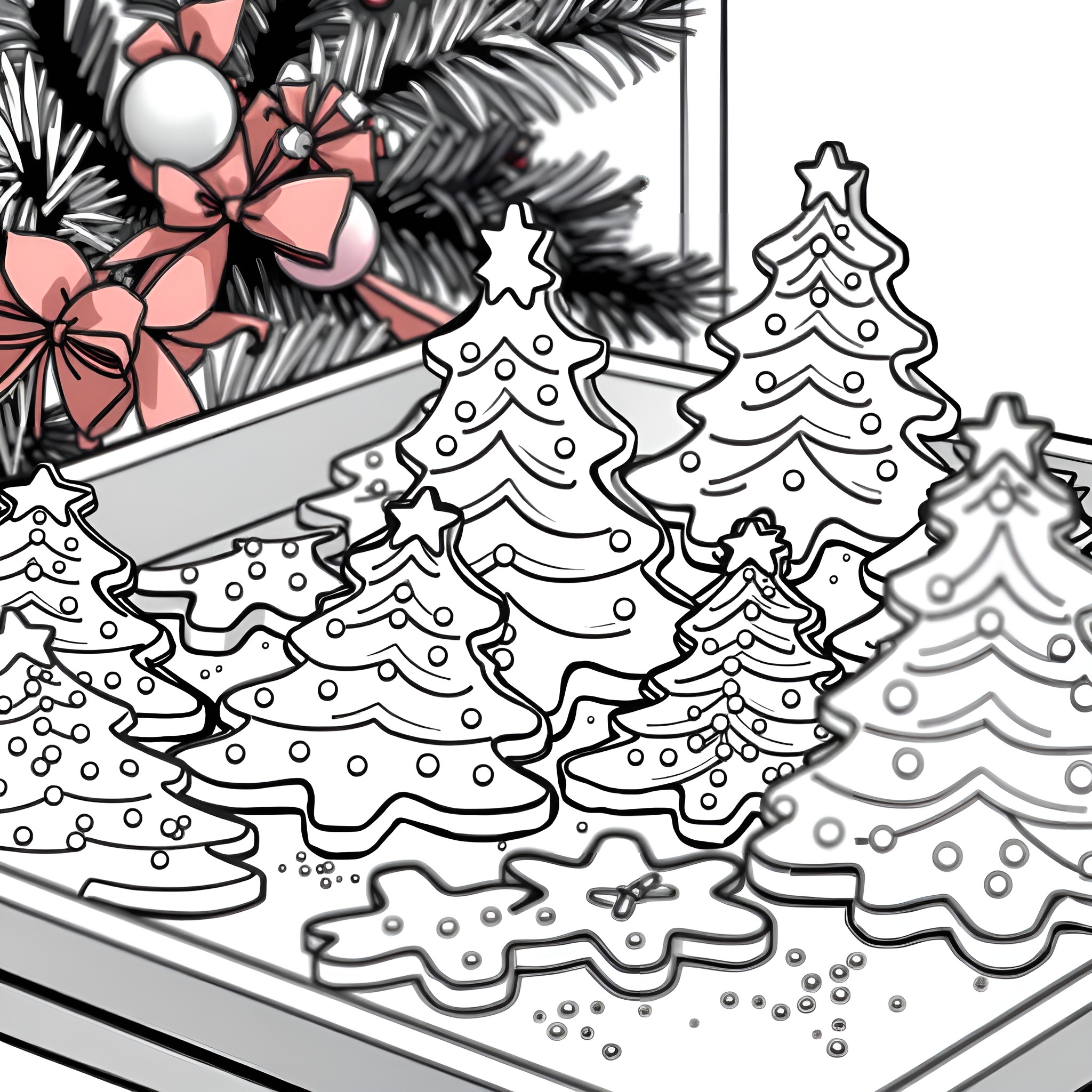 Cookie Ornaments Decorating Festive Christmas Trees Coloring Page (free black-and-white line drawing printable PDF for all, from beginners to advanced learners, including children, teens, adults, and seniors)