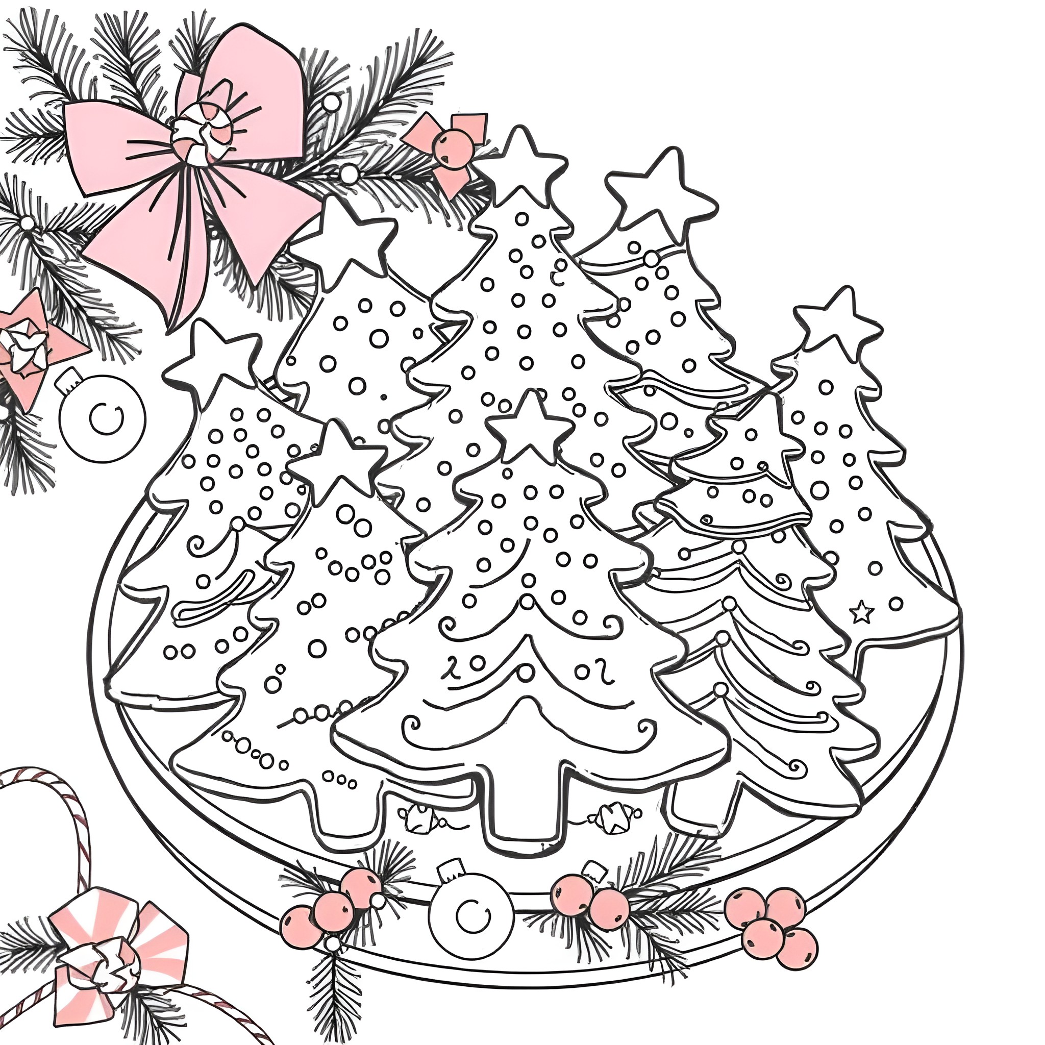 Cookie-themed Christmas trees with decorations Coloring Page (free black-and-white line drawing printable PDF for all, from beginners to advanced learners, including children, teens, adults, and seniors)