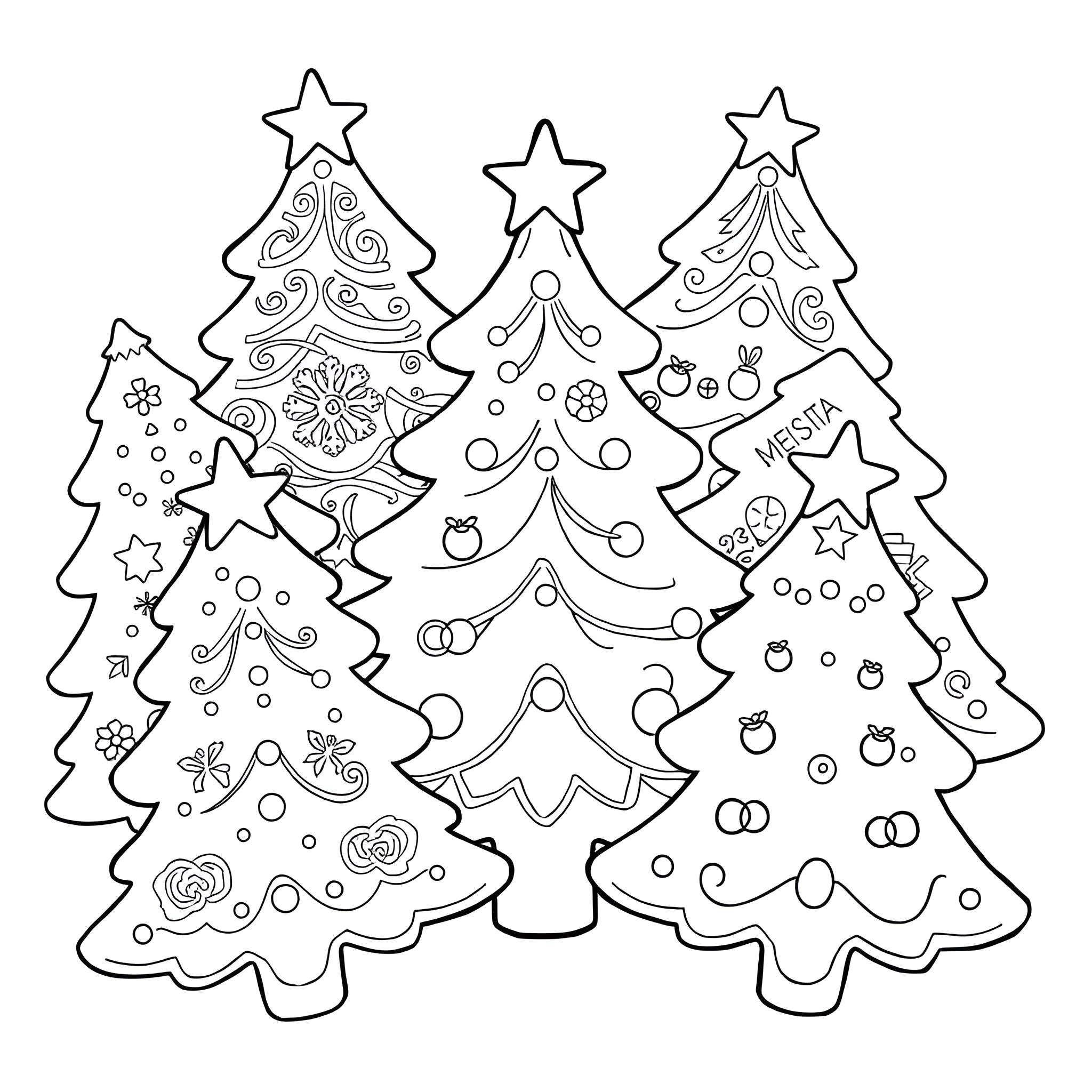 Cookie Christmas trees with decorations and stars Coloring Page (free black-and-white line drawing printable PDF for all, from beginners to advanced learners, including children, teens, adults, and seniors)