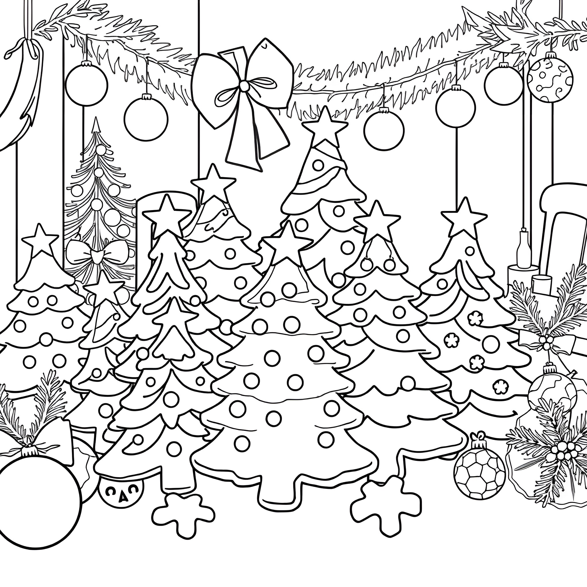 Cookie Decorations and Christmas Trees Coloring Page (free black-and-white line drawing printable PDF for all, from beginners to advanced learners, including children, teens, adults, and seniors)
