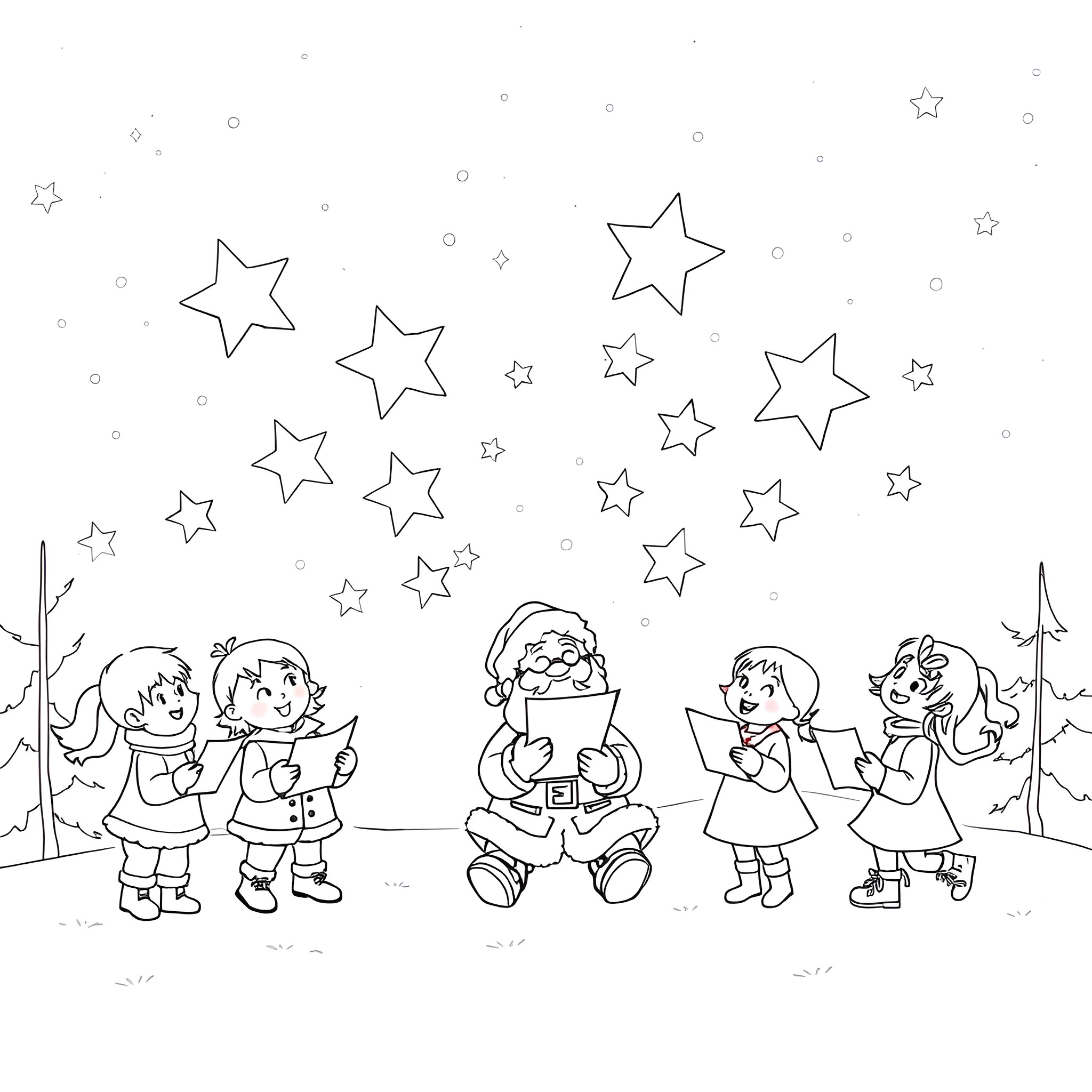 Kid carolers singing under the starry night Coloring Page (free black-and-white line drawing printable PDF for all, from beginners to advanced learners, including children, teens, adults, and seniors)
