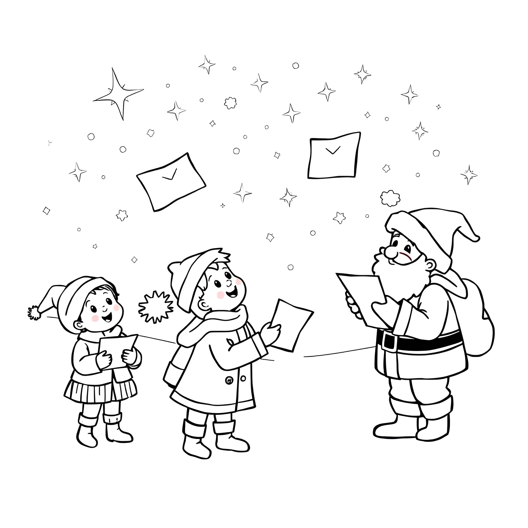 Kid playing in the snow with Santa Claus Coloring Page (free black-and-white line drawing printable PDF for all, from beginners to advanced learners, including children, teens, adults, and seniors)