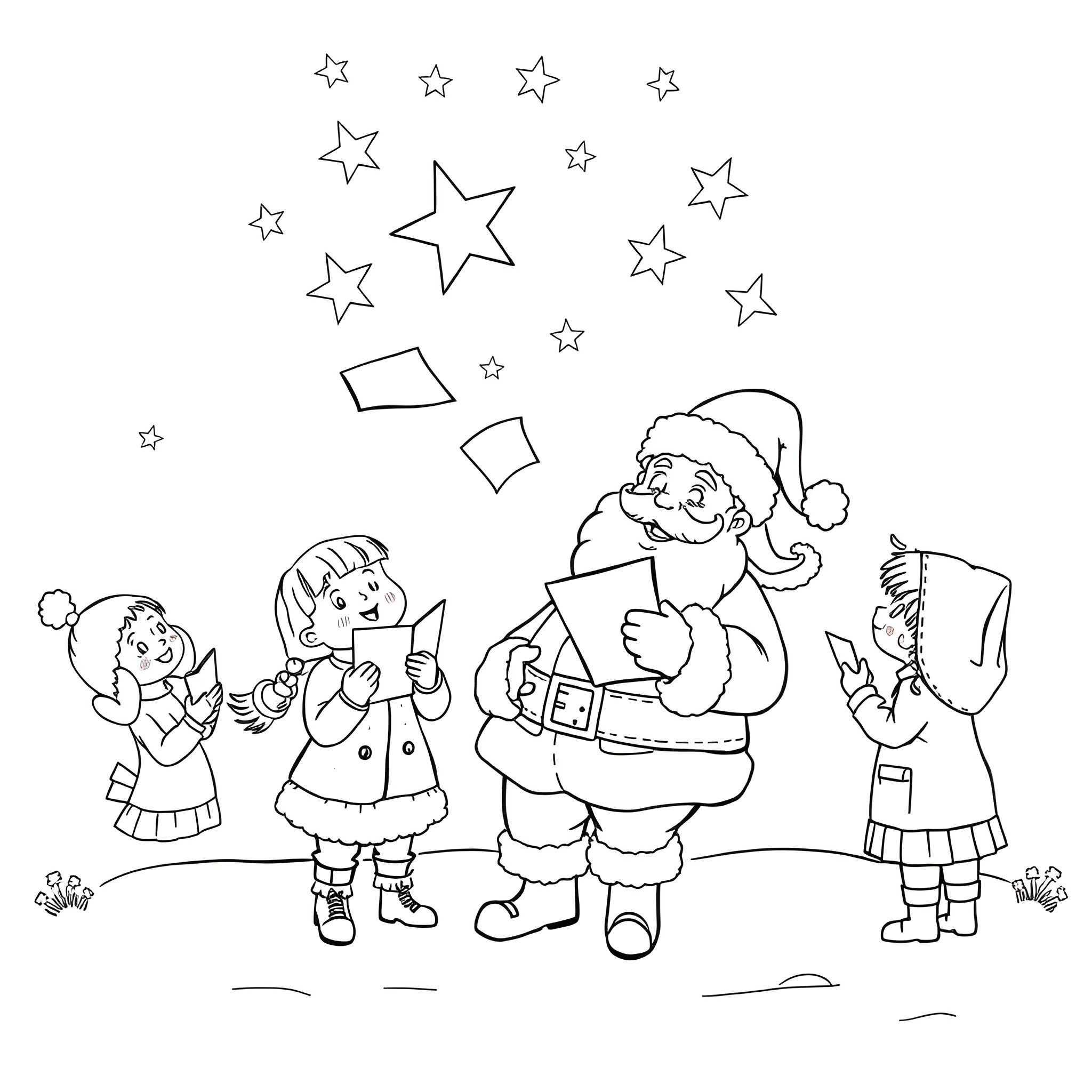 Kid's wintertime fun with Santa Claus Coloring Page (free black-and-white line drawing printable PDF for all, from beginners to advanced learners, including children, teens, adults, and seniors)
