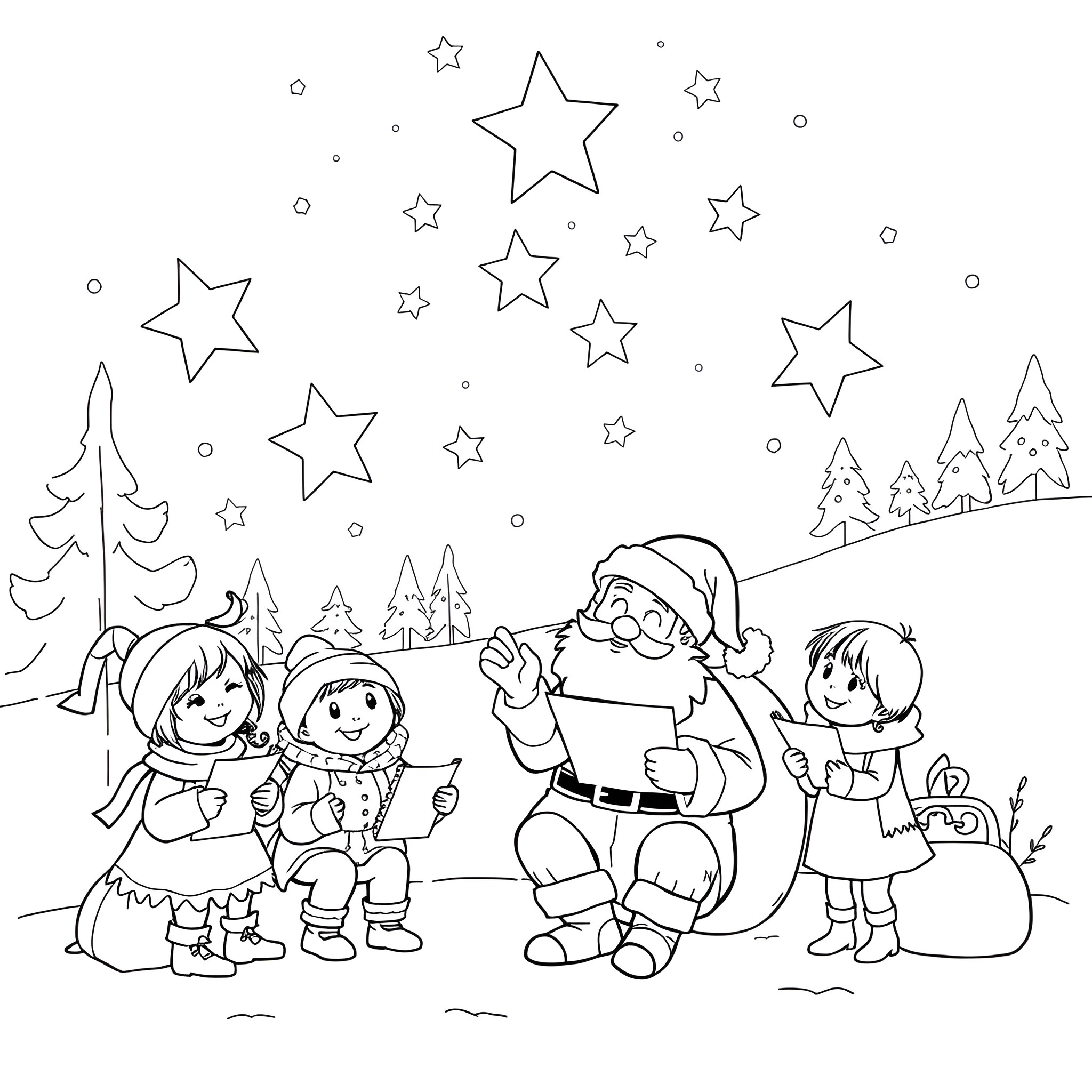 Letter to Santa with Children in Winter Wonderland Coloring Page (free black-and-white line drawing printable PDF for all, from beginners to advanced learners, including children, teens, adults, and seniors)