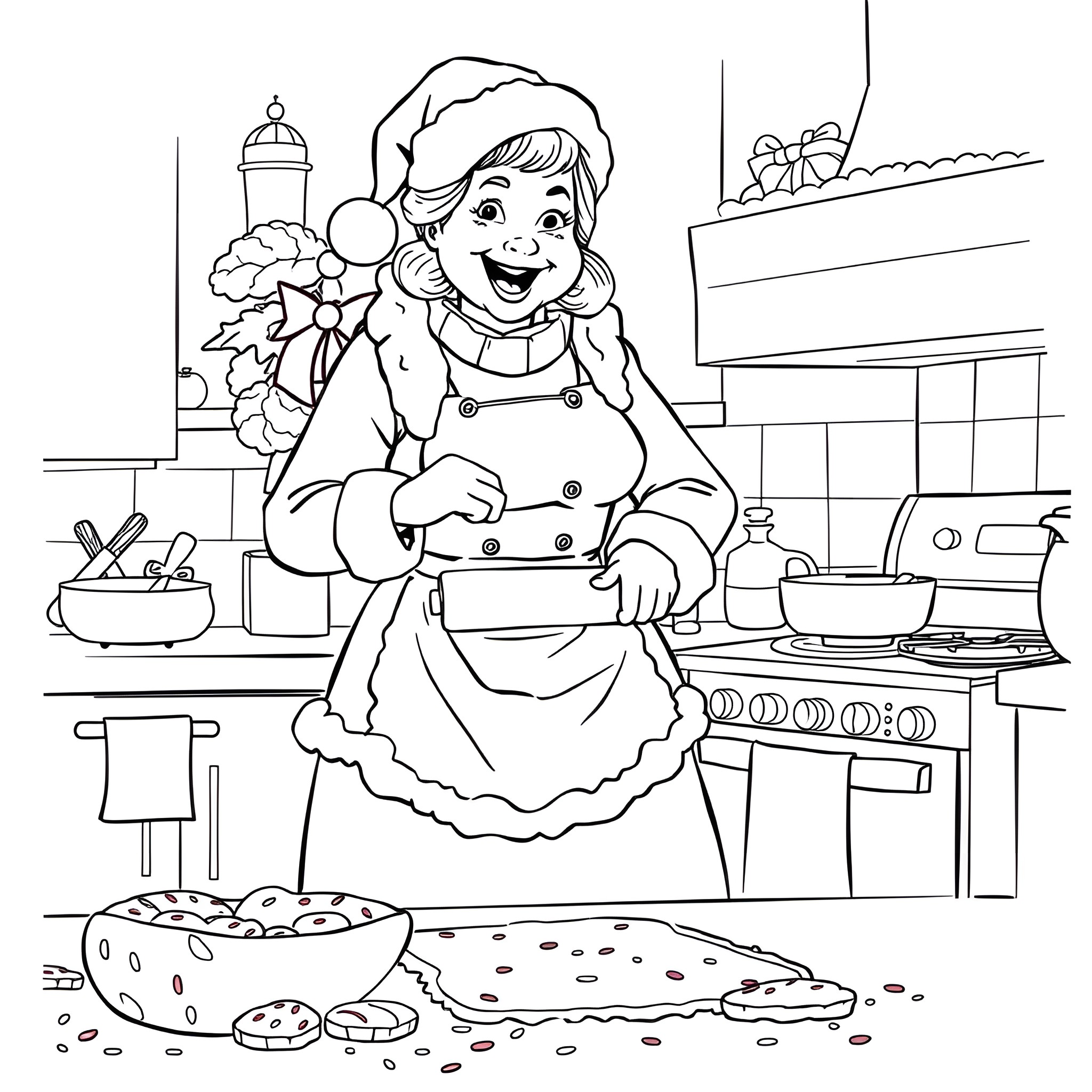Mrs. Claus baking in the kitchen Coloring Page (free black-and-white line drawing printable PDF for all, from beginners to advanced learners, including children, teens, adults, and seniors)