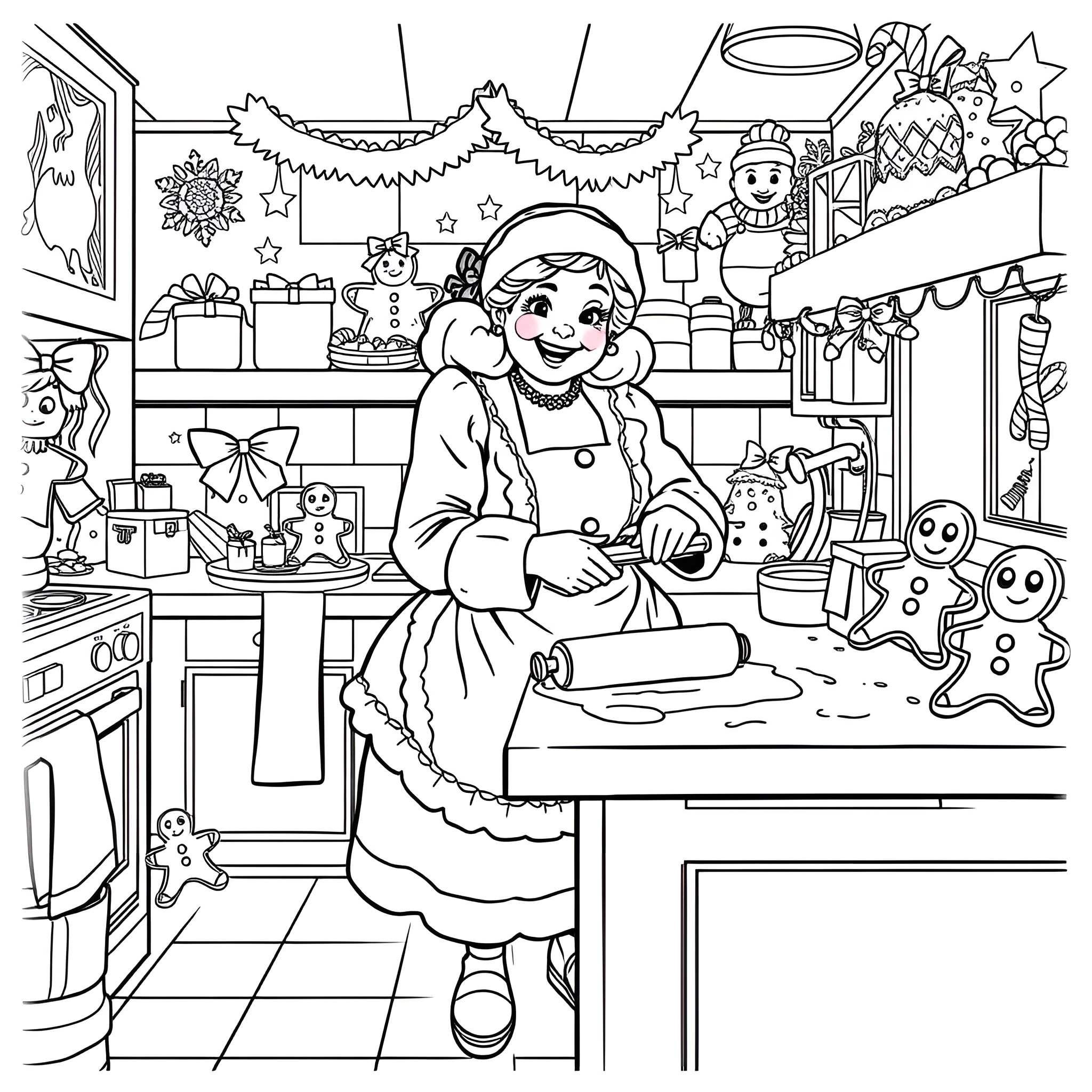 Mrs. Claus Baking Holiday Treats in the Kitchen Coloring Page (free black-and-white line drawing printable PDF for all, from beginners to advanced learners, including children, teens, adults, and seniors)