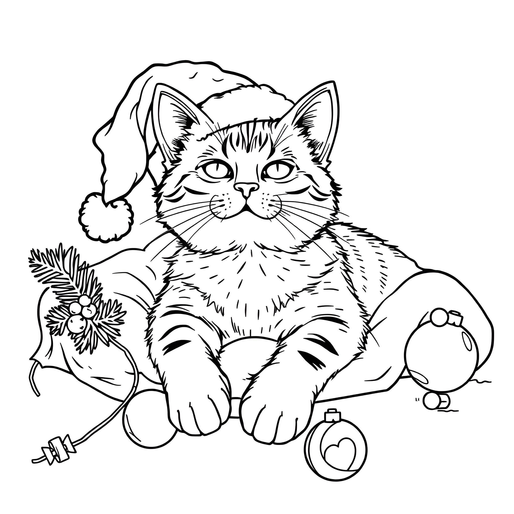 Cat in Christmas hat with ornaments and toys Coloring Page (free black-and-white line drawing printable PDF for all, from beginners to advanced learners, including children, teens, adults, and seniors)