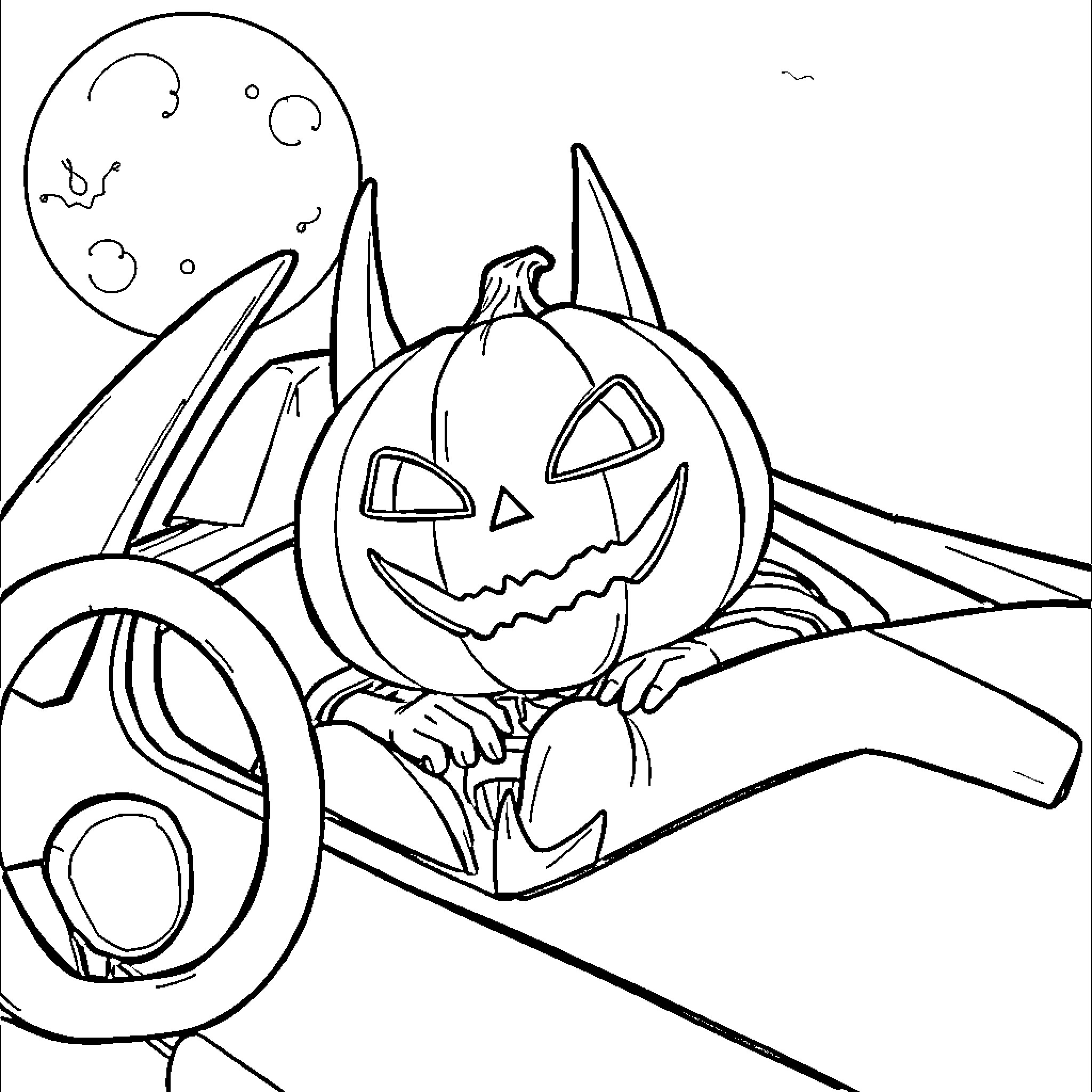 Pumpkin Batman riding a creepy vehicle in the moonlight Coloring Page (free black-and-white line drawing printable PDF for all, from beginners to advanced learners, including children, teens, adults, and seniors)