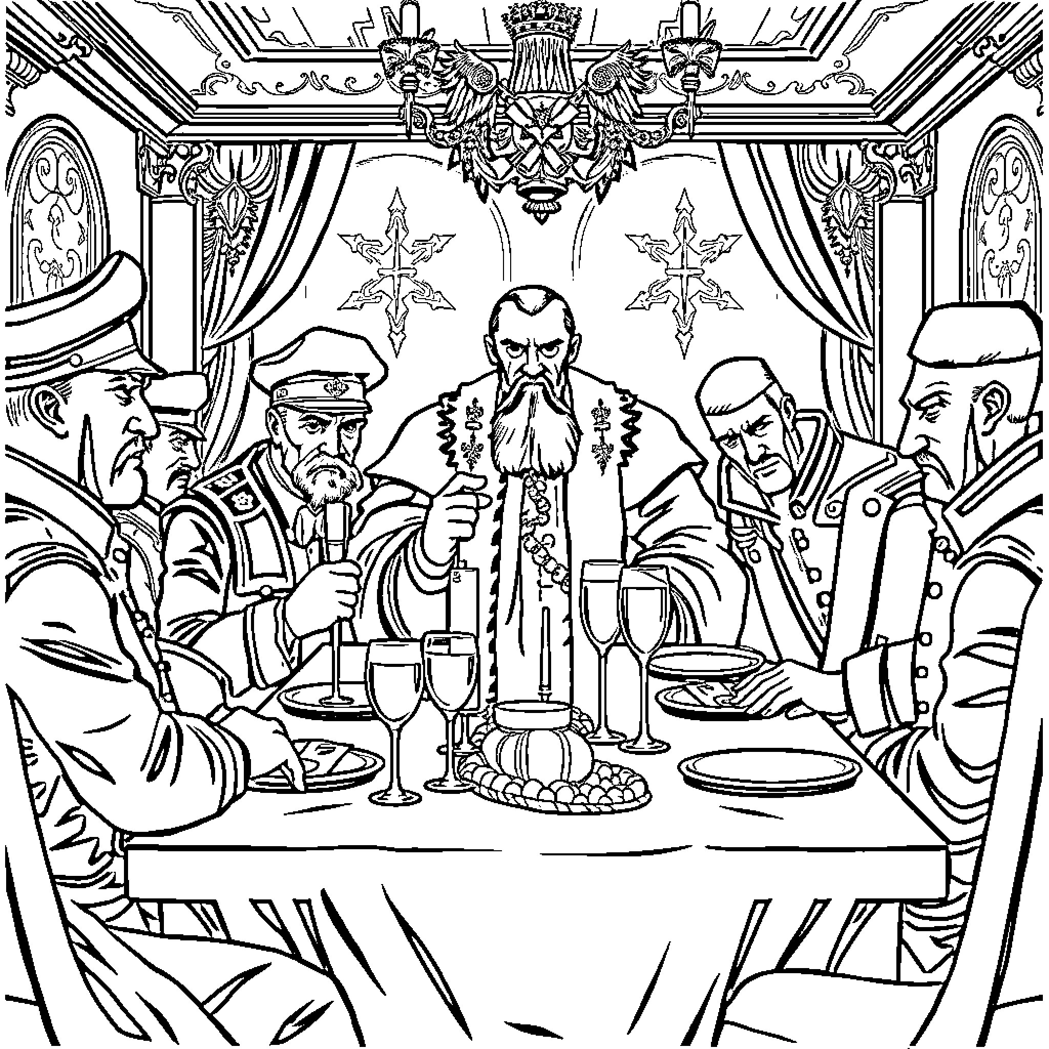 Ivan's Formal Dinner with Distinguished Gentlemen Coloring Page (free black-and-white line drawing printable PDF for all, from beginners to advanced learners, including children, teens, adults, and seniors)