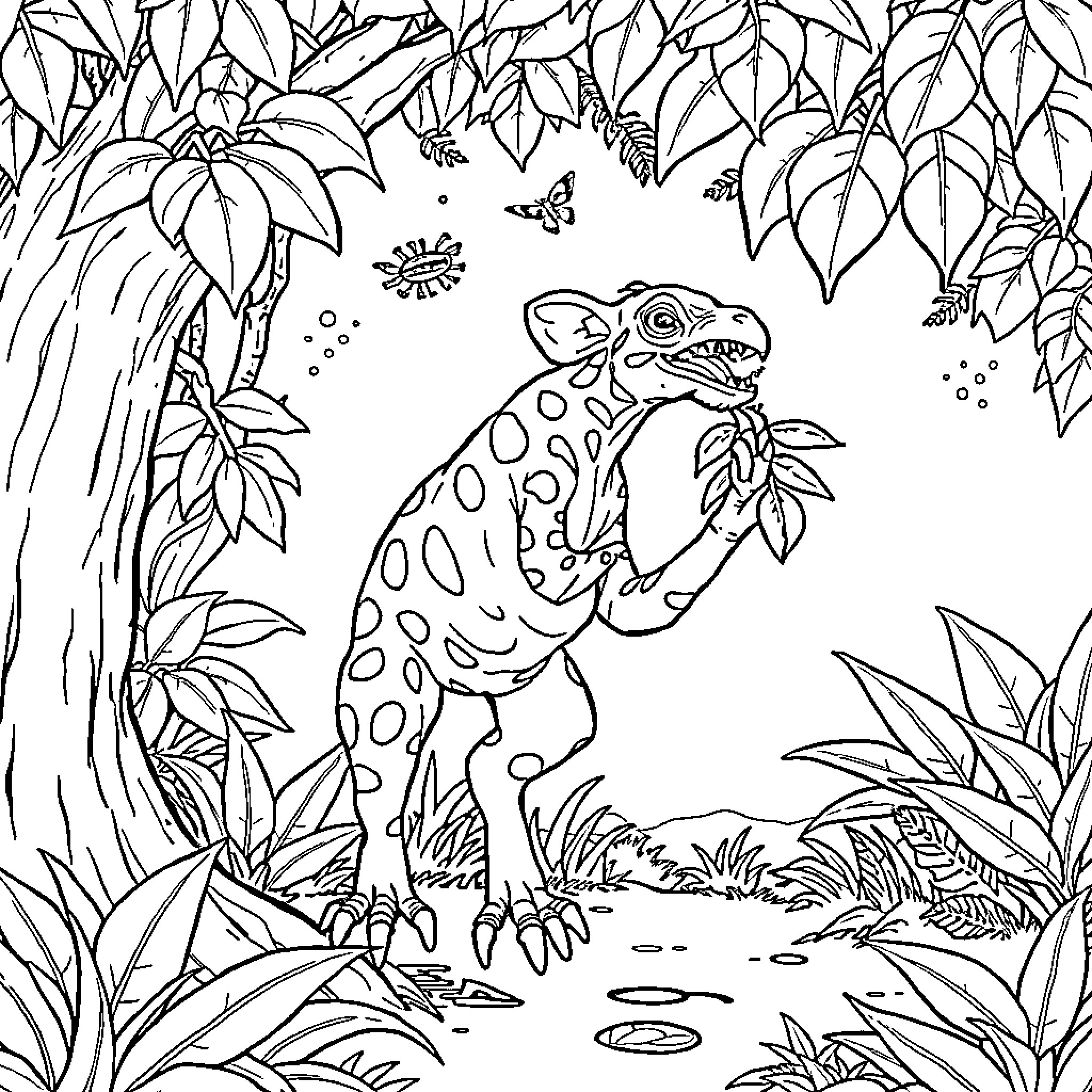 Spider-themed jungle creature in lush foliage Coloring Page (free black-and-white line drawing printable PDF for all, from beginners to advanced learners, including children, teens, adults, and seniors)
