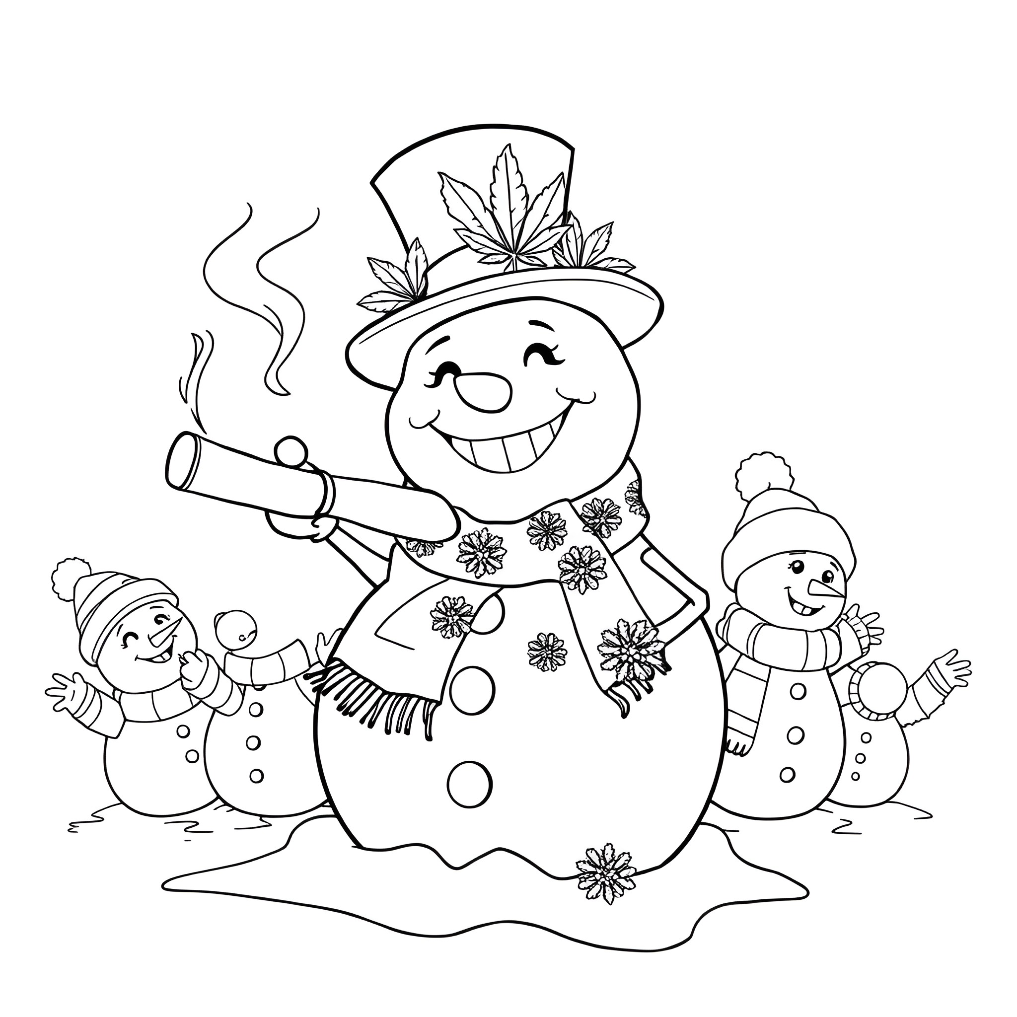 Snowman and friends enjoying the winter fun Coloring Page (free black-and-white line drawing printable PDF for all, from beginners to advanced learners, including children, teens, adults, and seniors)