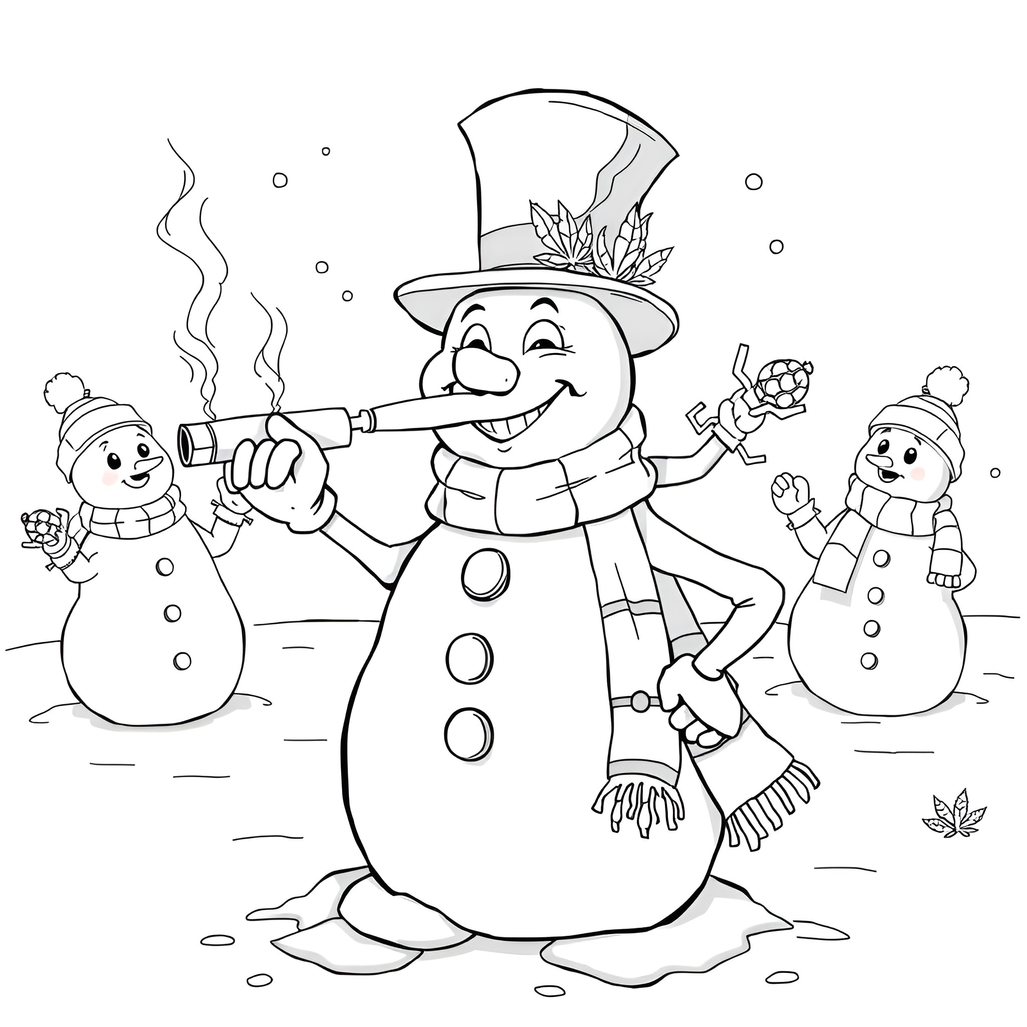 Snowman family building a snowman together Coloring Page (free black-and-white line drawing printable PDF for all, from beginners to advanced learners, including children, teens, adults, and seniors)