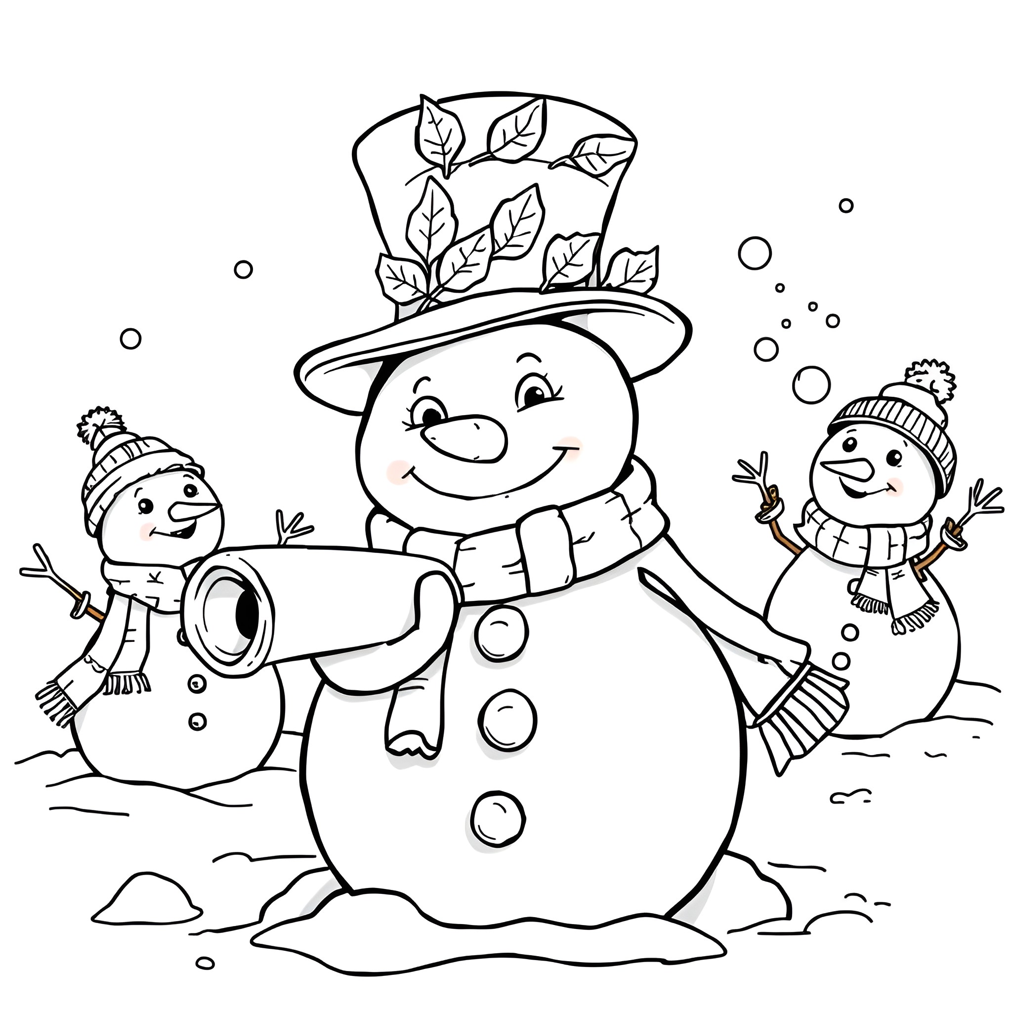 Snowman with friends enjoying the winter season Coloring Page (free black-and-white line drawing printable PDF for all, from beginners to advanced learners, including children, teens, adults, and seniors)