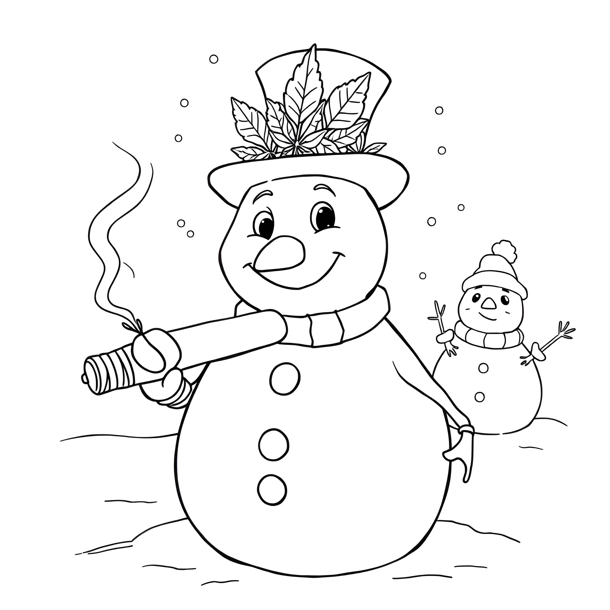 Snowman with hat and scarf enjoying the winter scene Coloring Page (free black-and-white line drawing printable PDF for all, from beginners to advanced learners, including children, teens, adults, and seniors)