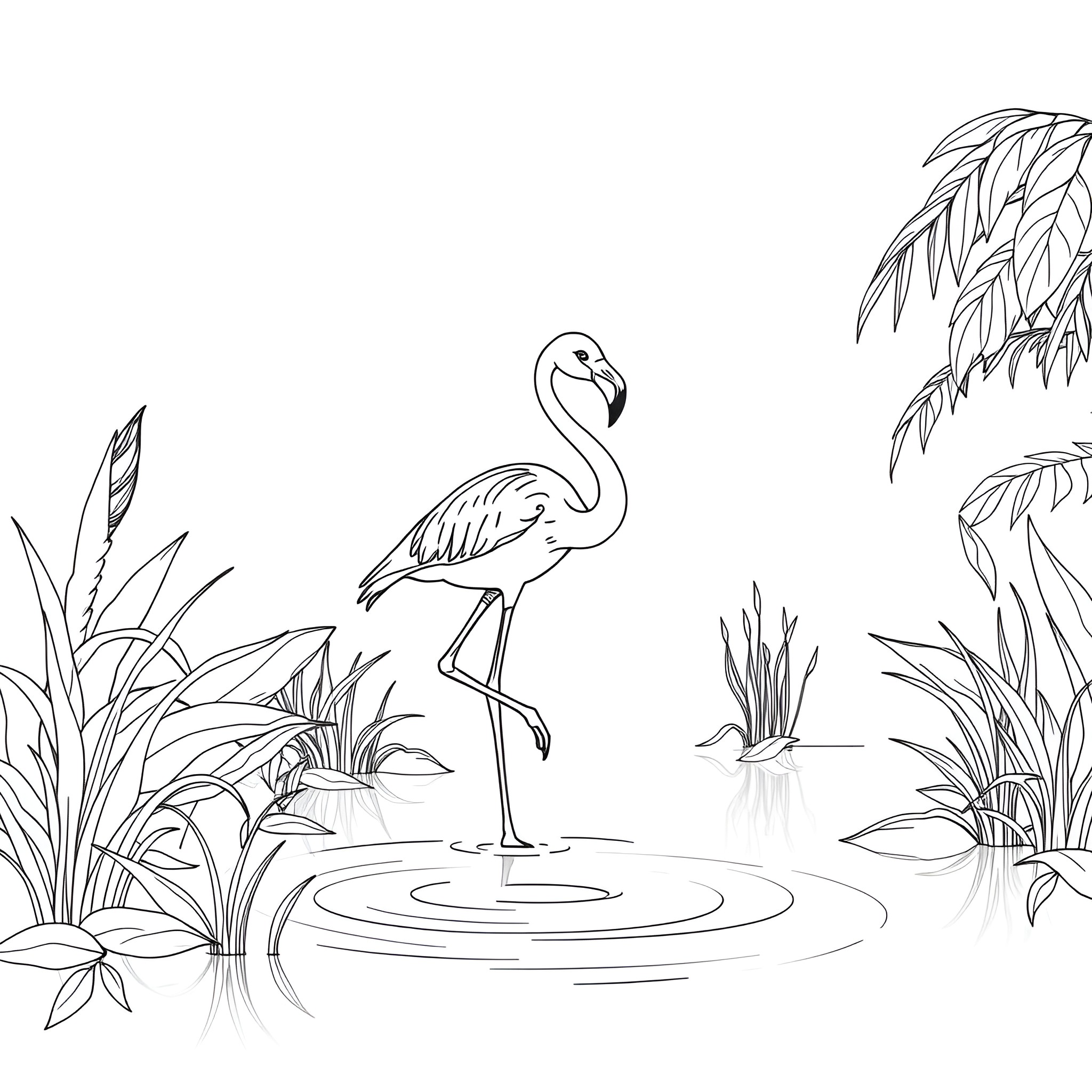 Flamingo standing in tranquil water with tropical foliage Coloring Page (free black-and-white line drawing printable PDF for all, from beginners to advanced learners, including children, teens, adults, and seniors)