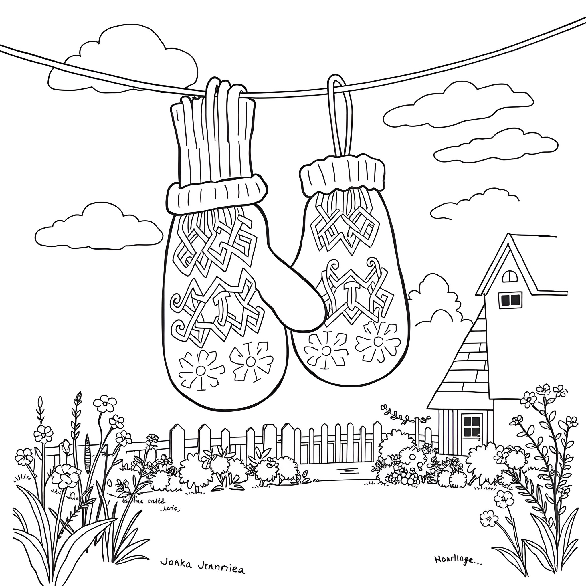 Mittens hanging on a clothesline in a peaceful backyard Coloring Page (free black-and-white line drawing printable PDF for all, from beginners to advanced learners, including children, teens, adults, and seniors)