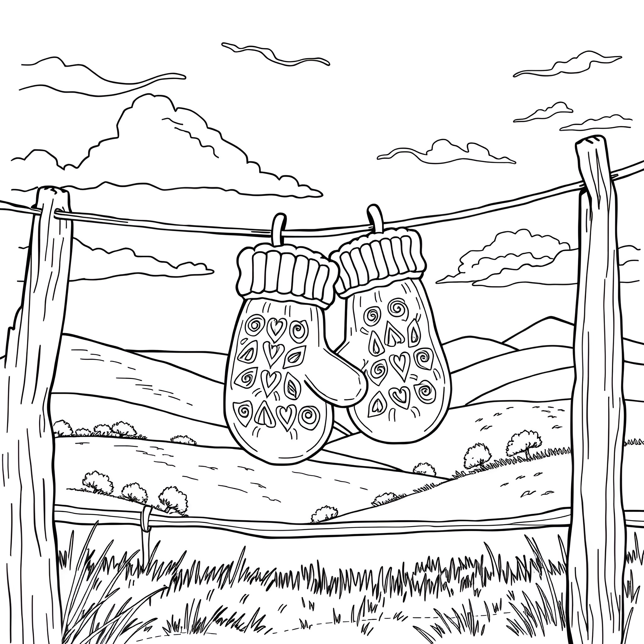 Mittens hanging on a clothesline in a winter landscape Coloring Page (free black-and-white line drawing printable PDF for all, from beginners to advanced learners, including children, teens, adults, and seniors)