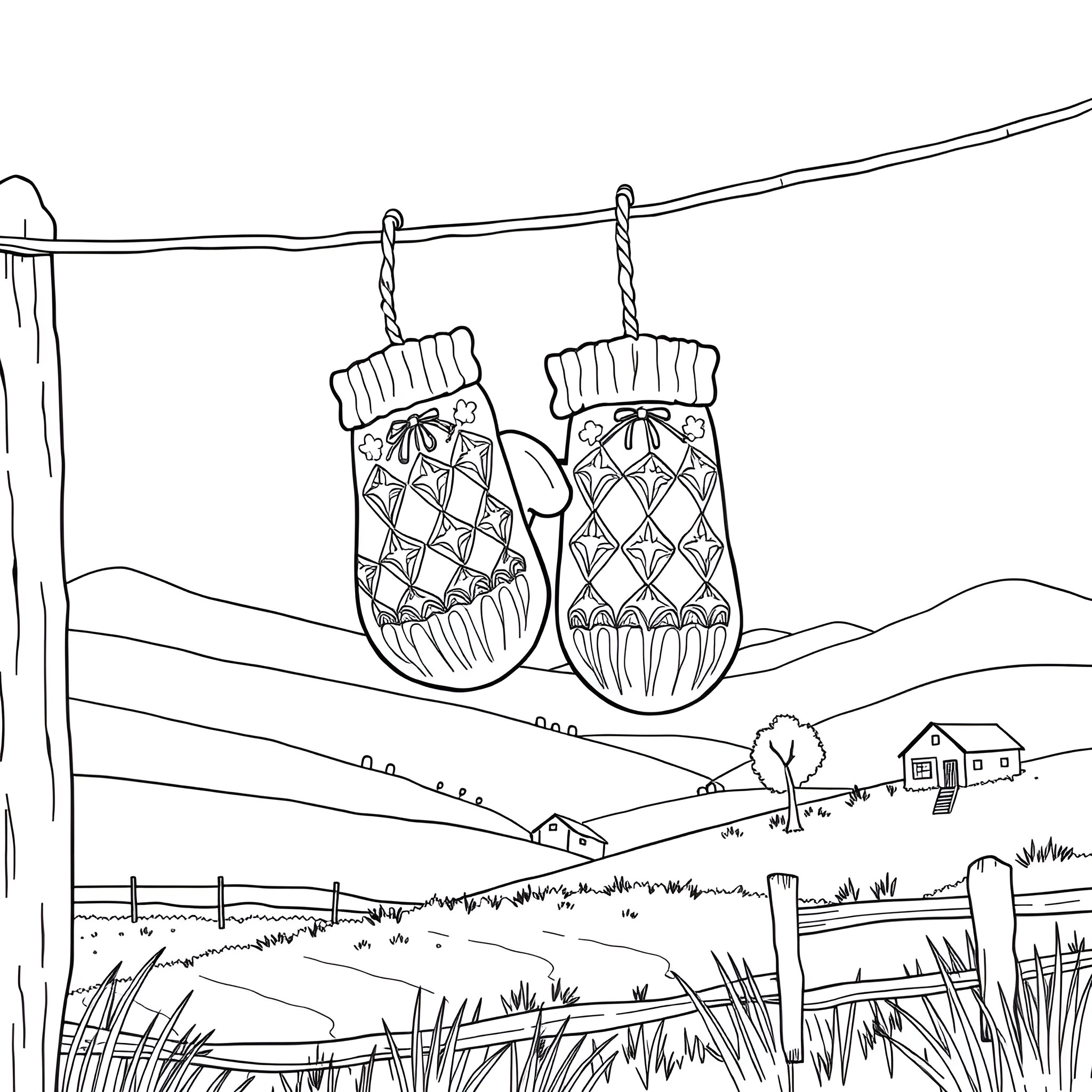 Mittens Hanging on a Clothesline in the Countryside Coloring Page (free black-and-white line drawing printable PDF for all, from beginners to advanced learners, including children, teens, adults, and seniors)