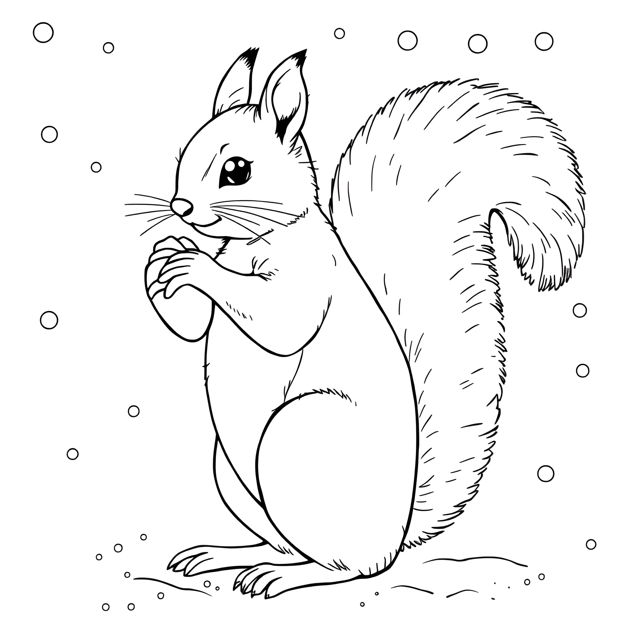 Squirrel enjoying a snowy day Coloring Page (free black-and-white line drawing printable PDF for all, from beginners to advanced learners, including children, teens, adults, and seniors)