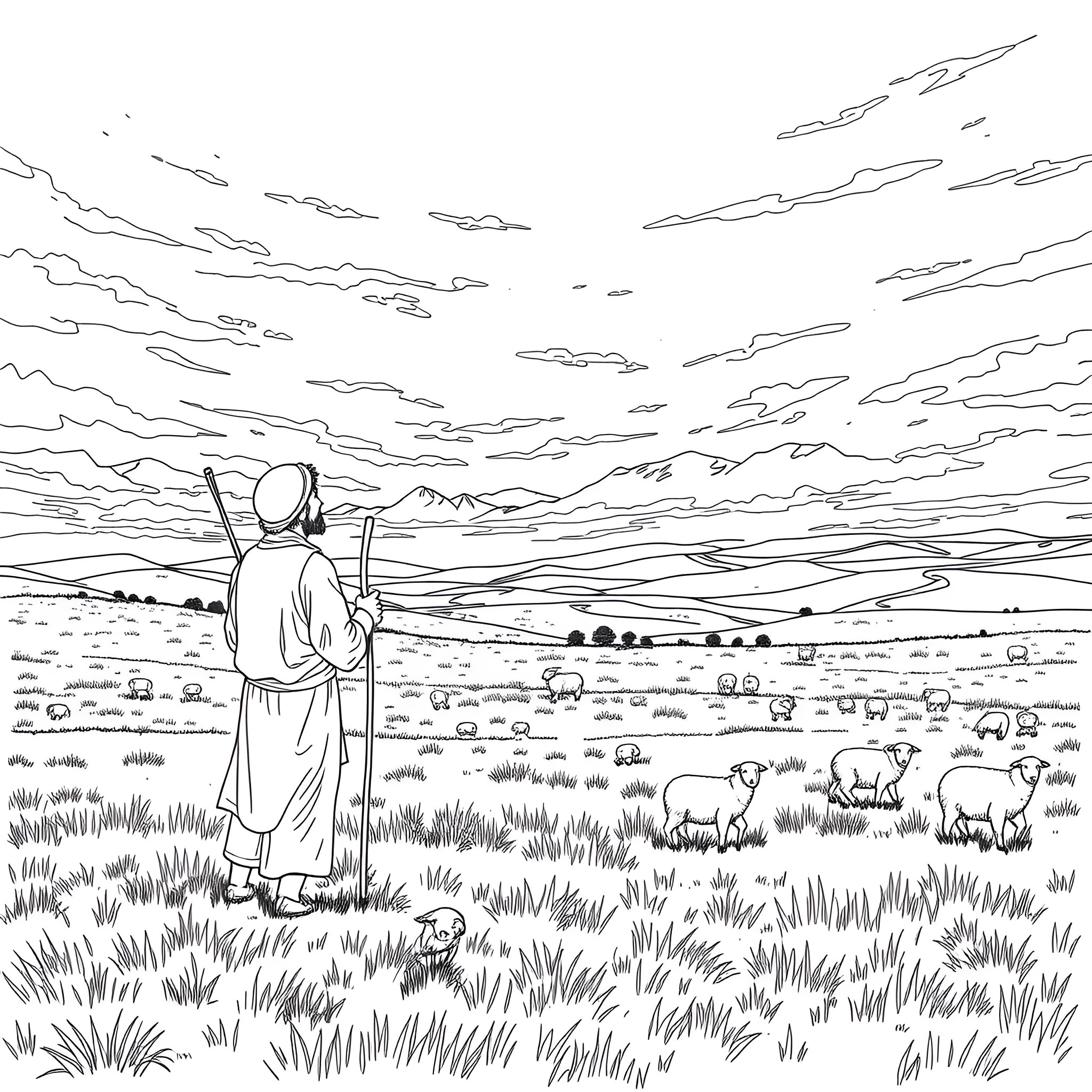 Shepherd watching over grazing flock in scenic landscape Coloring Page (free black-and-white line drawing printable PDF for all, from beginners to advanced learners, including children, teens, adults, and seniors)