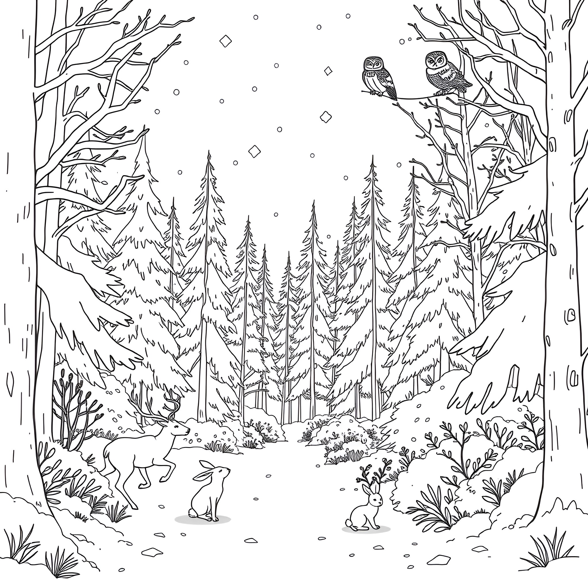 Animal Woodland Scene with Snowy Forest and Deer Coloring Page (free black-and-white line drawing printable PDF for all, from beginners to advanced learners, including children, teens, adults, and seniors)