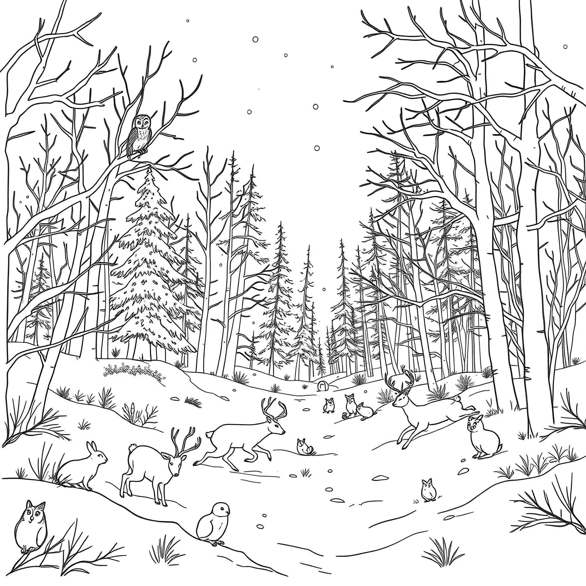 Animal Forest Landscape with Snowy Trees and Wildlife Coloring Page (free black-and-white line drawing printable PDF for all, from beginners to advanced learners, including children, teens, adults, and seniors)