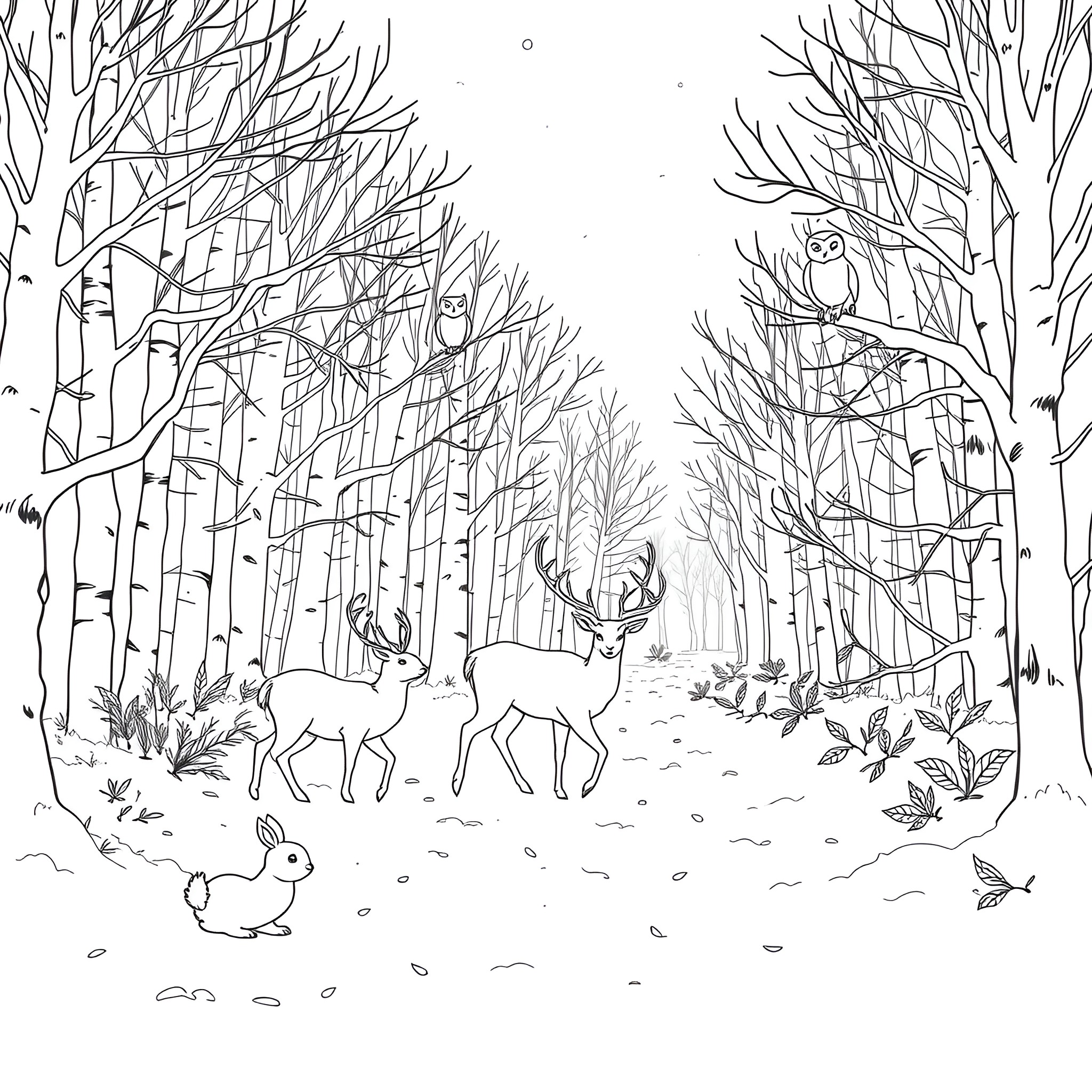 Animal winter forest scene with wildlife Coloring Page (free black-and-white line drawing printable PDF for all, from beginners to advanced learners, including children, teens, adults, and seniors)