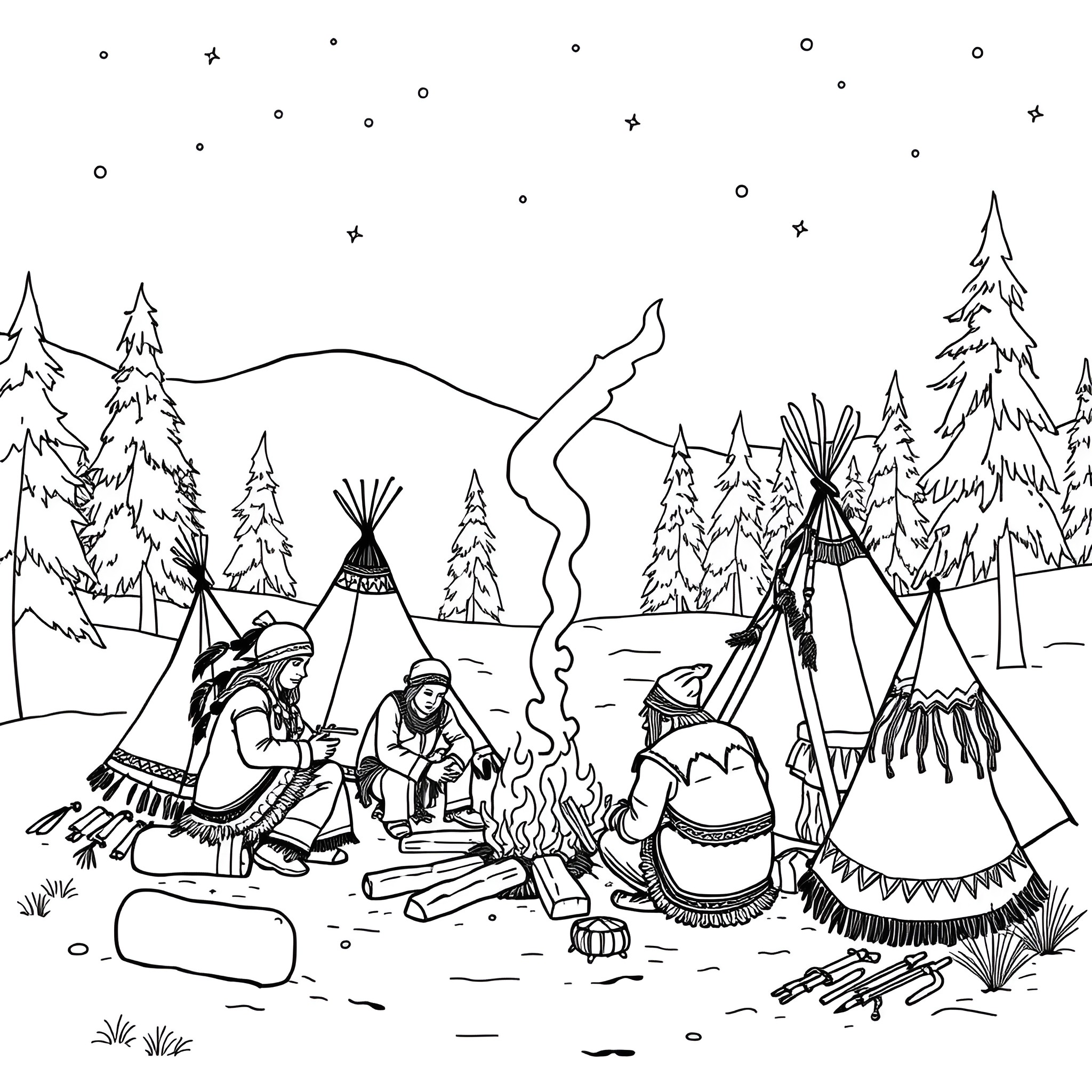 Native People Enjoying Campfire Gathering in the Wilderness Coloring Page (free black-and-white line drawing printable PDF for all, from beginners to advanced learners, including children, teens, adults, and seniors)