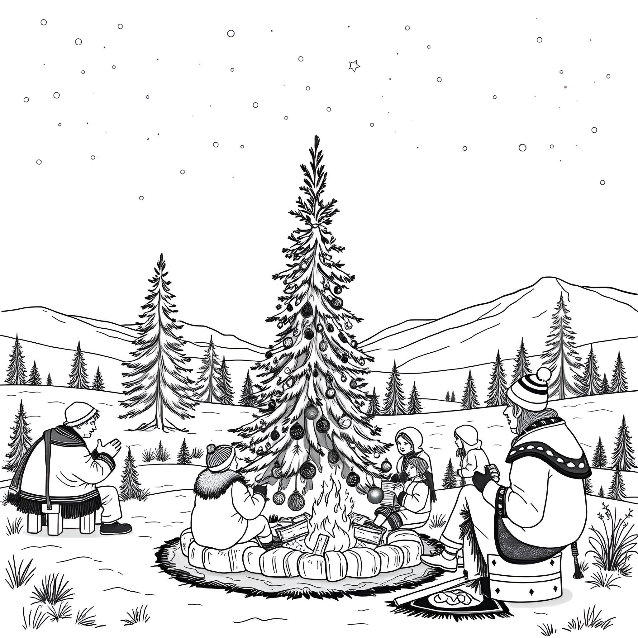 Christmas celebration in a winter wonderland Coloring Page (free black-and-white line drawing printable PDF for all, from beginners to advanced learners, including children, teens, adults, and seniors)