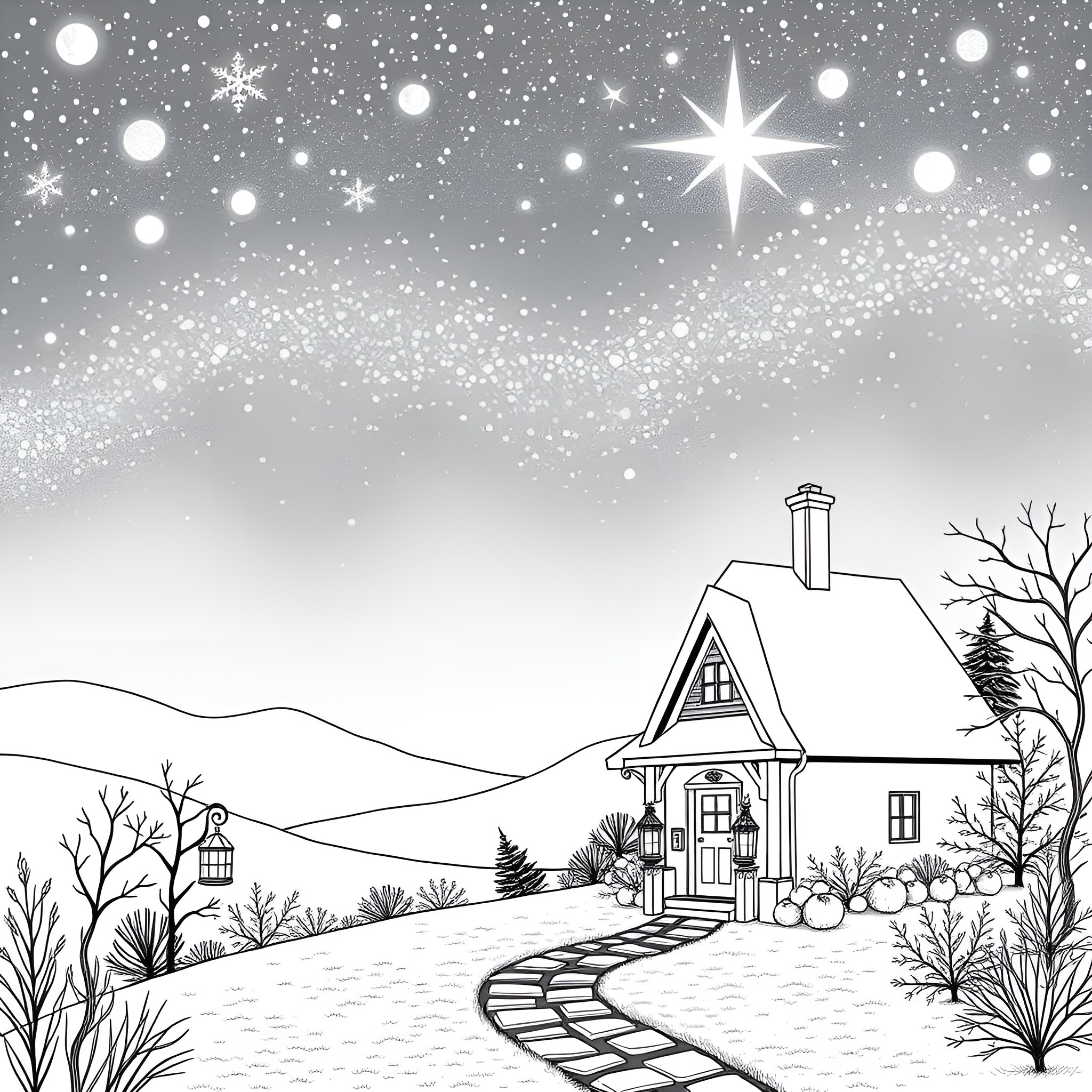 Star-filled Winter Wonderland Landscape Coloring Page (free black-and-white line drawing printable PDF for all, from beginners to advanced learners, including children, teens, adults, and seniors)