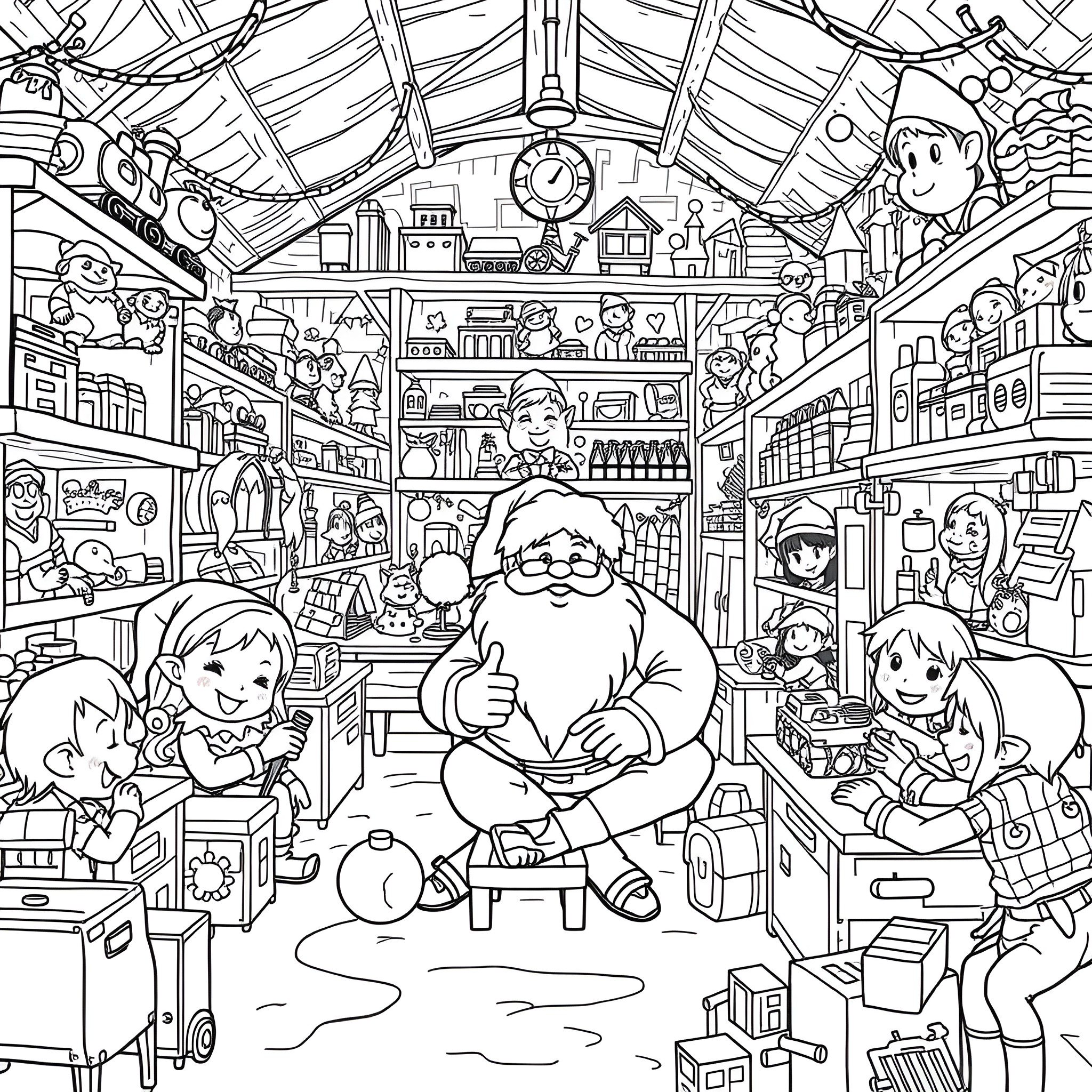 Santa's Festive Workshop of Joy and Cheer Coloring Page (free black-and-white line drawing printable PDF for all, from beginners to advanced learners, including children, teens, adults, and seniors)