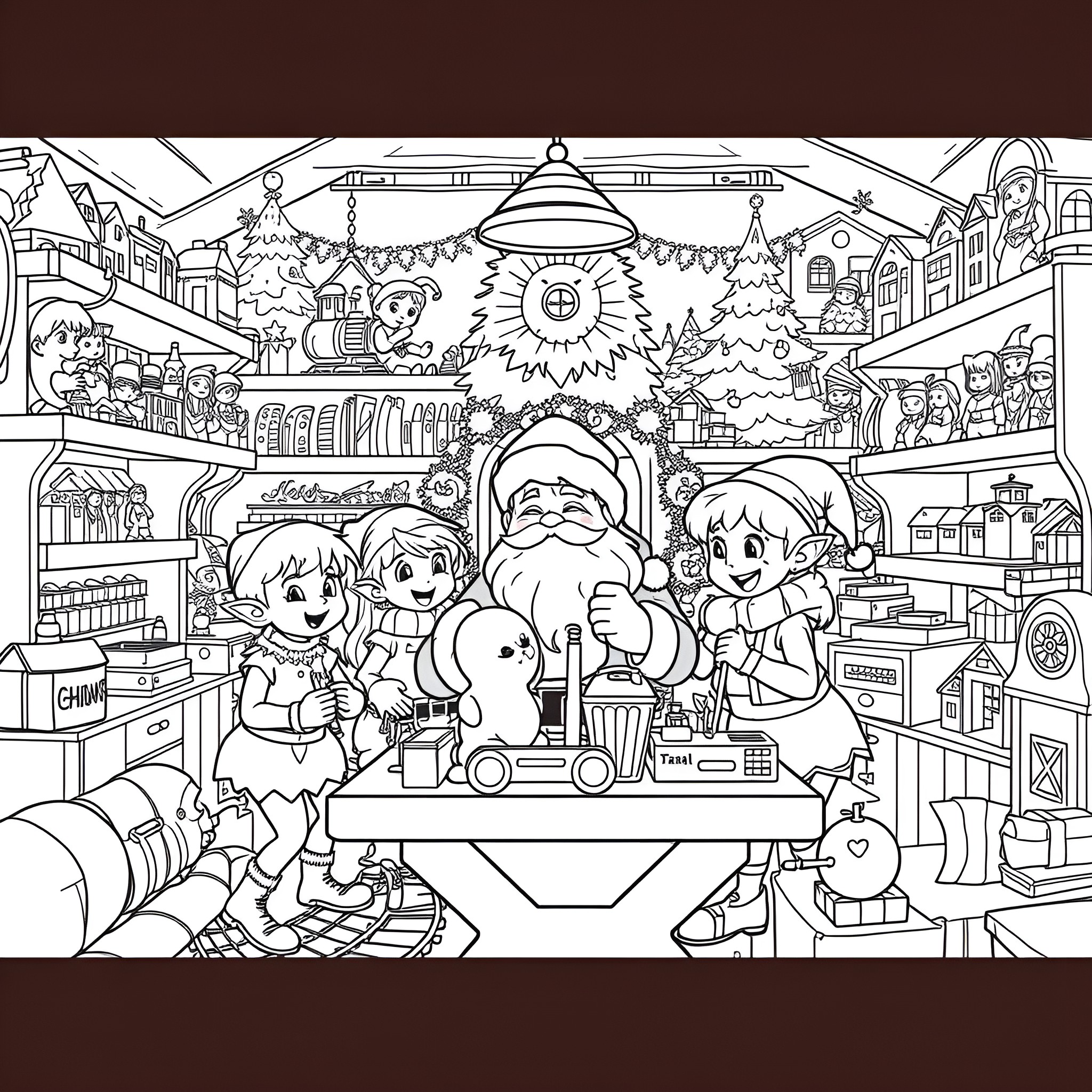 Santa and children celebrating Christmas in the toy shop Coloring Page (free black-and-white line drawing printable PDF for all, from beginners to advanced learners, including children, teens, adults, and seniors)