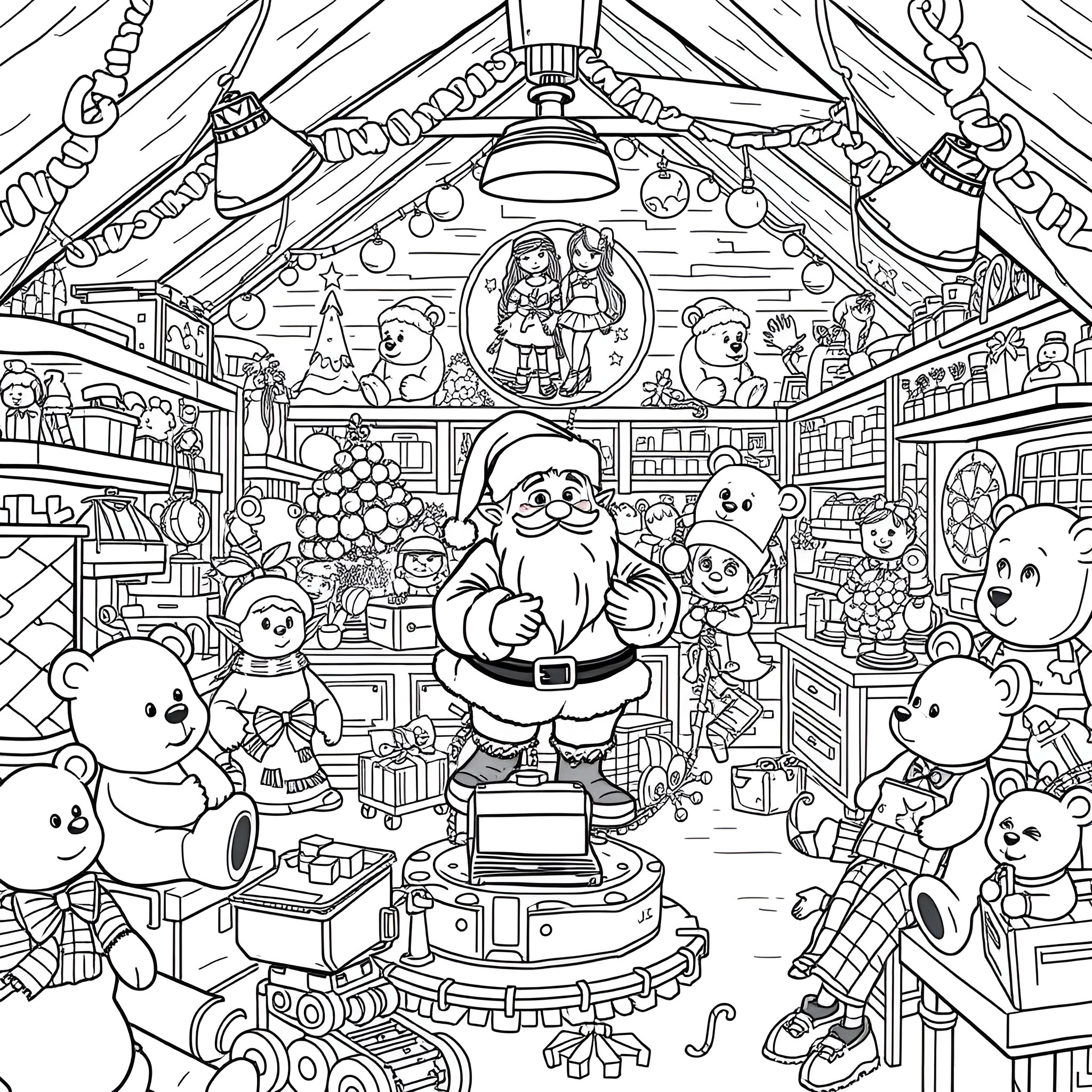 Santa's Enchanting Workshop and Toy-Filled Wonder Coloring Page (free black-and-white line drawing printable PDF for all, from beginners to advanced learners, including children, teens, adults, and seniors)