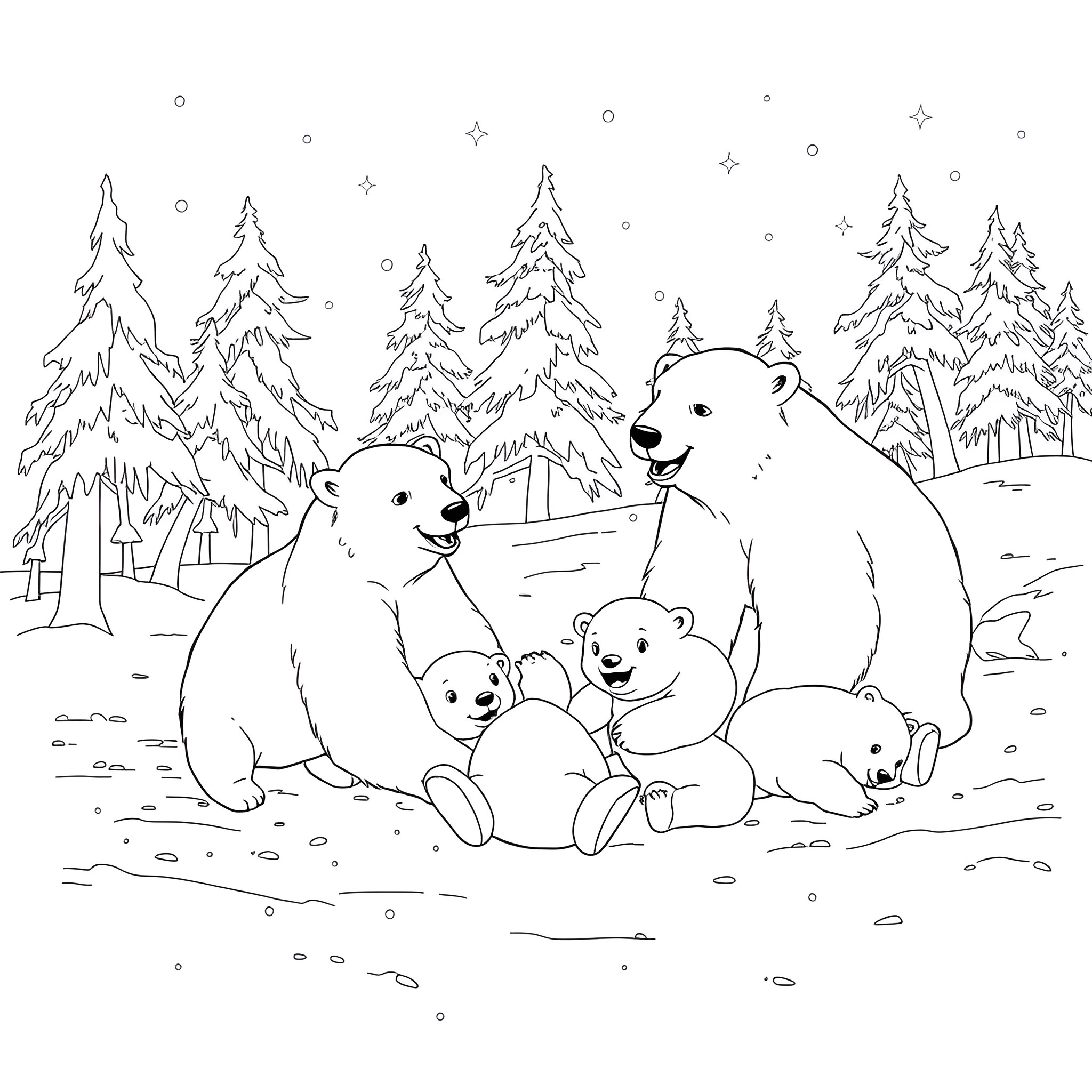 Polar Bears Relaxing in Snowy Winter Wonderland Coloring Page (free black-and-white line drawing printable PDF for all, from beginners to advanced learners, including children, teens, adults, and seniors)