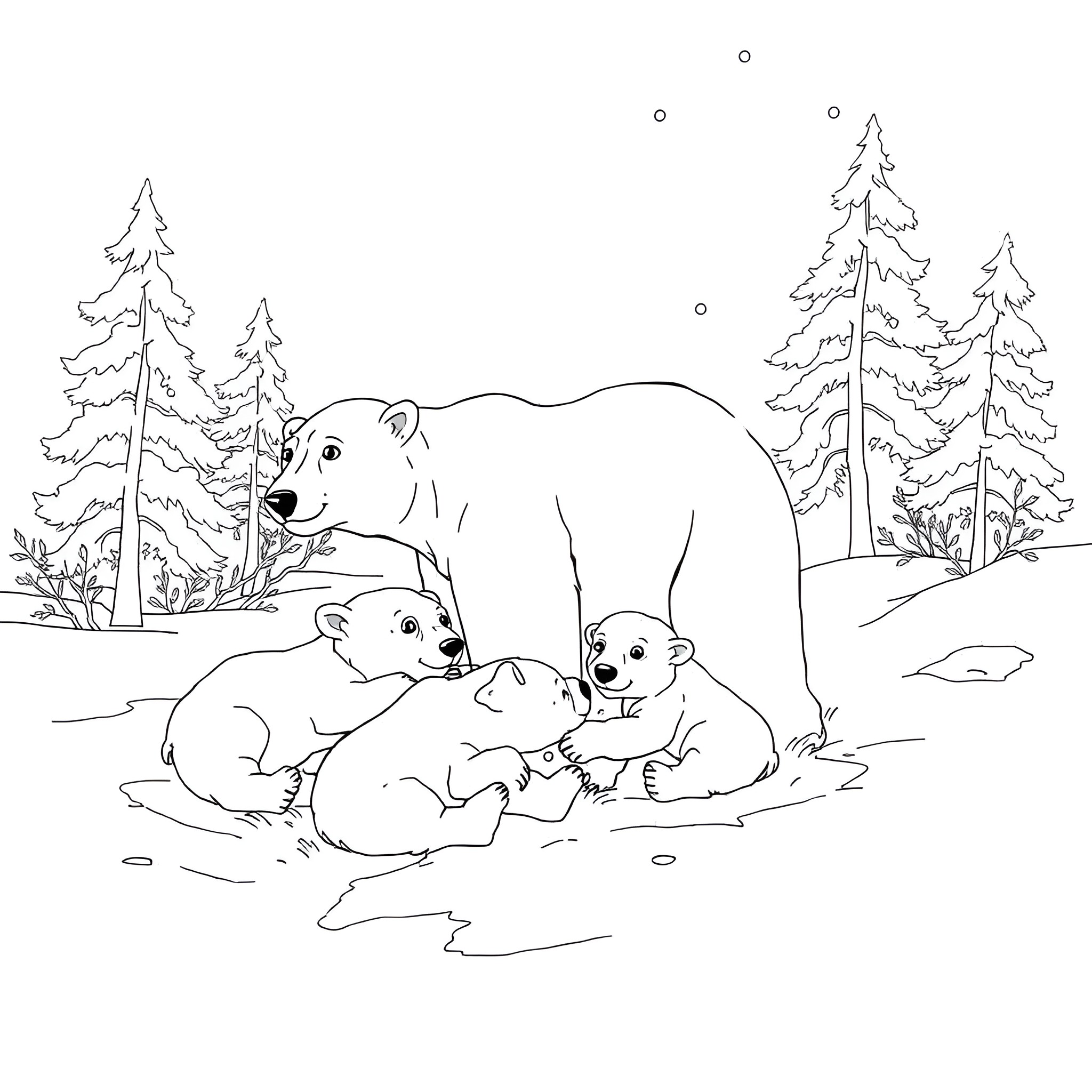 Polar Bears Playing in the Snow Coloring Page (free black-and-white line drawing printable PDF for all, from beginners to advanced learners, including children, teens, adults, and seniors)