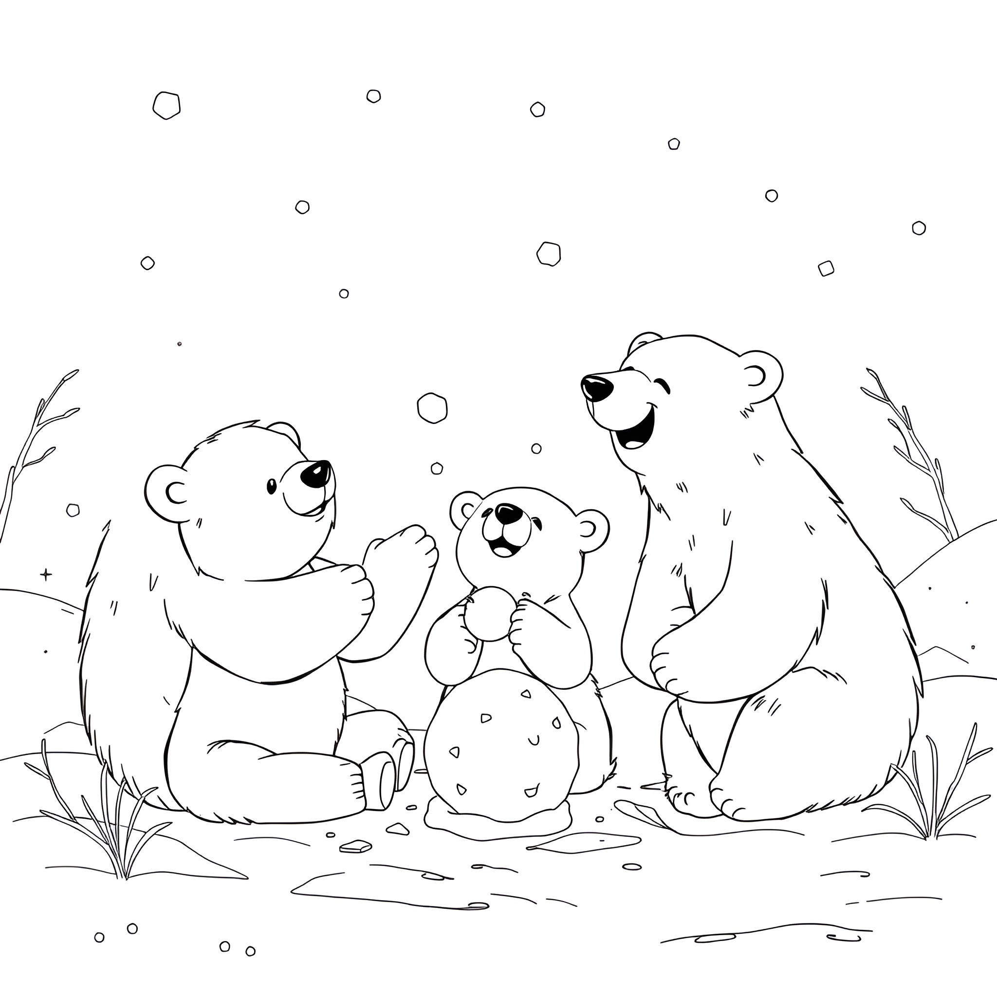 Polar Bear Family Enjoying Snowy Day Coloring Page (free black-and-white line drawing printable PDF for all, from beginners to advanced learners, including children, teens, adults, and seniors)