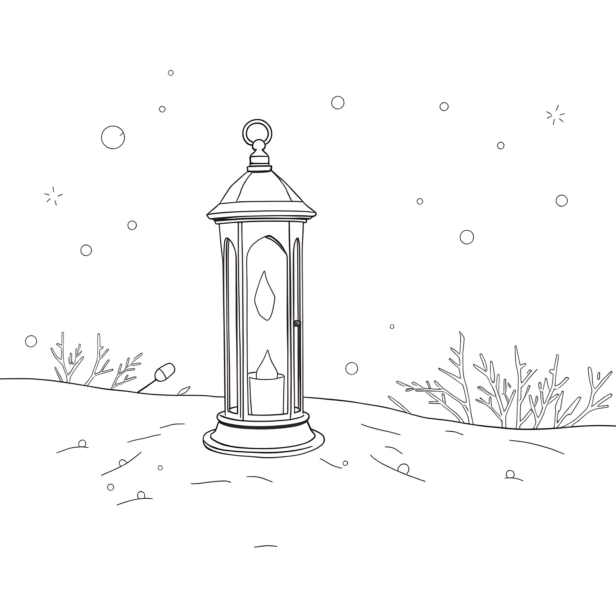 Lantern illuminating a snowy landscape Coloring Page (free black-and-white line drawing printable PDF for all, from beginners to advanced learners, including children, teens, adults, and seniors)