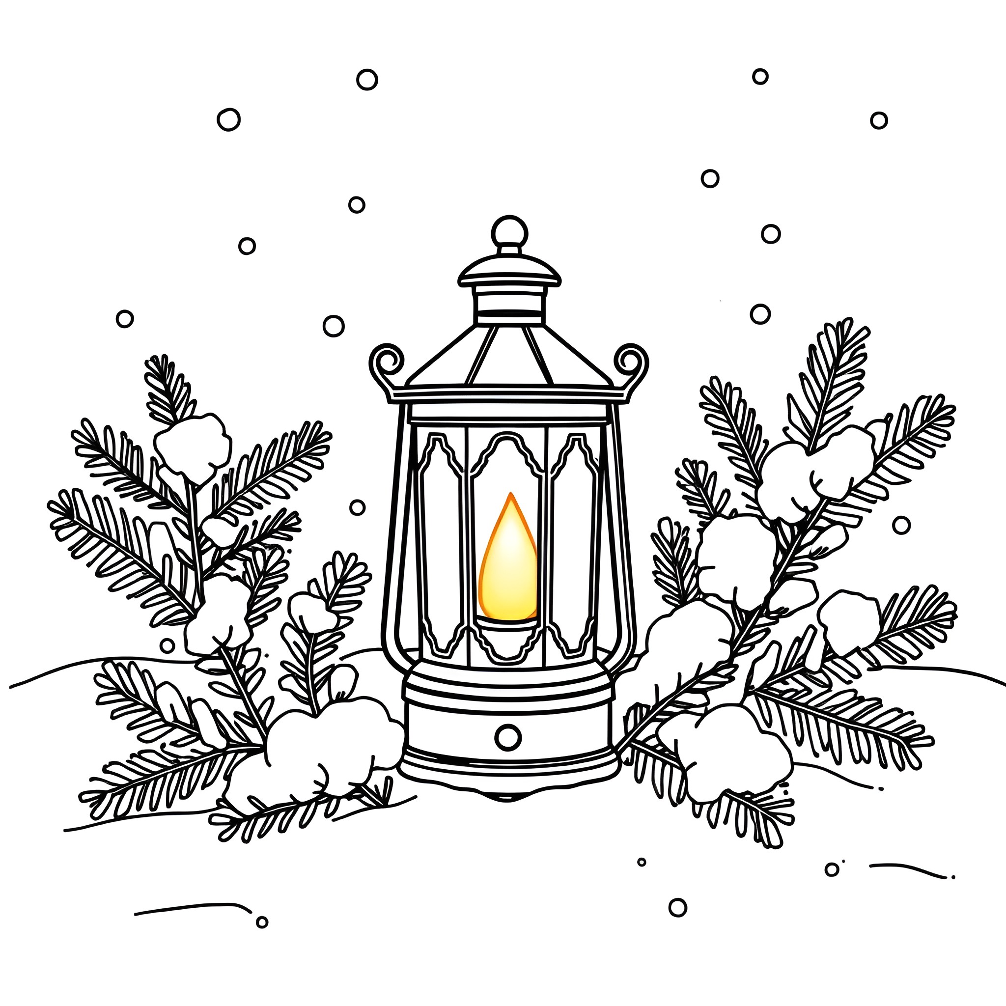 Lantern glowing in a snowy winter scene Coloring Page (free black-and-white line drawing printable PDF for all, from beginners to advanced learners, including children, teens, adults, and seniors)