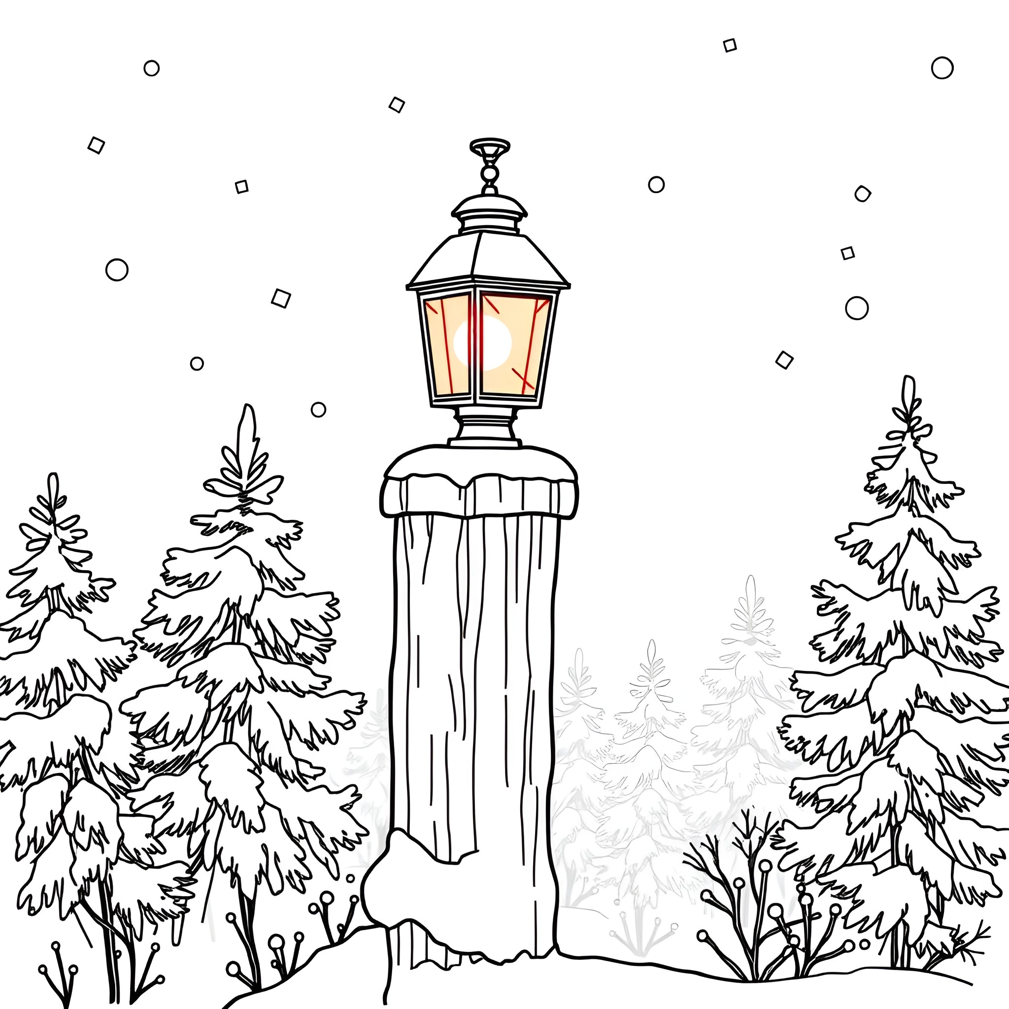 Lantern illuminating a snowy forest scene Coloring Page (free black-and-white line drawing printable PDF for all, from beginners to advanced learners, including children, teens, adults, and seniors)