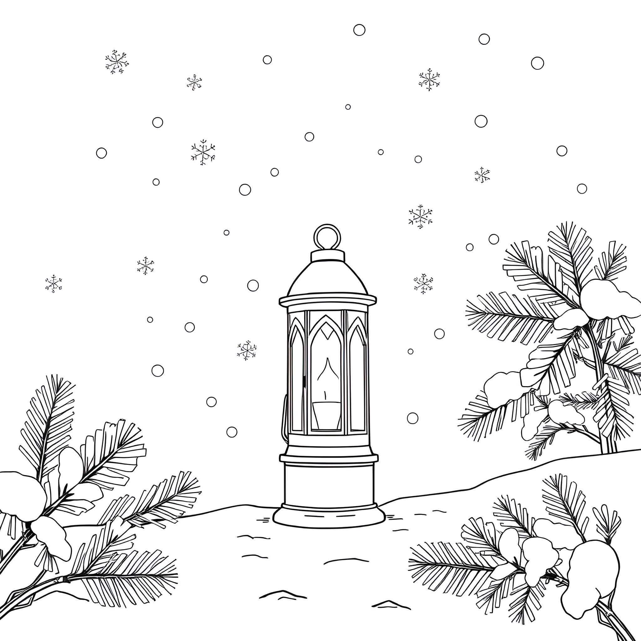 Lantern glowing in a winter wonderland Coloring Page (free black-and-white line drawing printable PDF for all, from beginners to advanced learners, including children, teens, adults, and seniors)