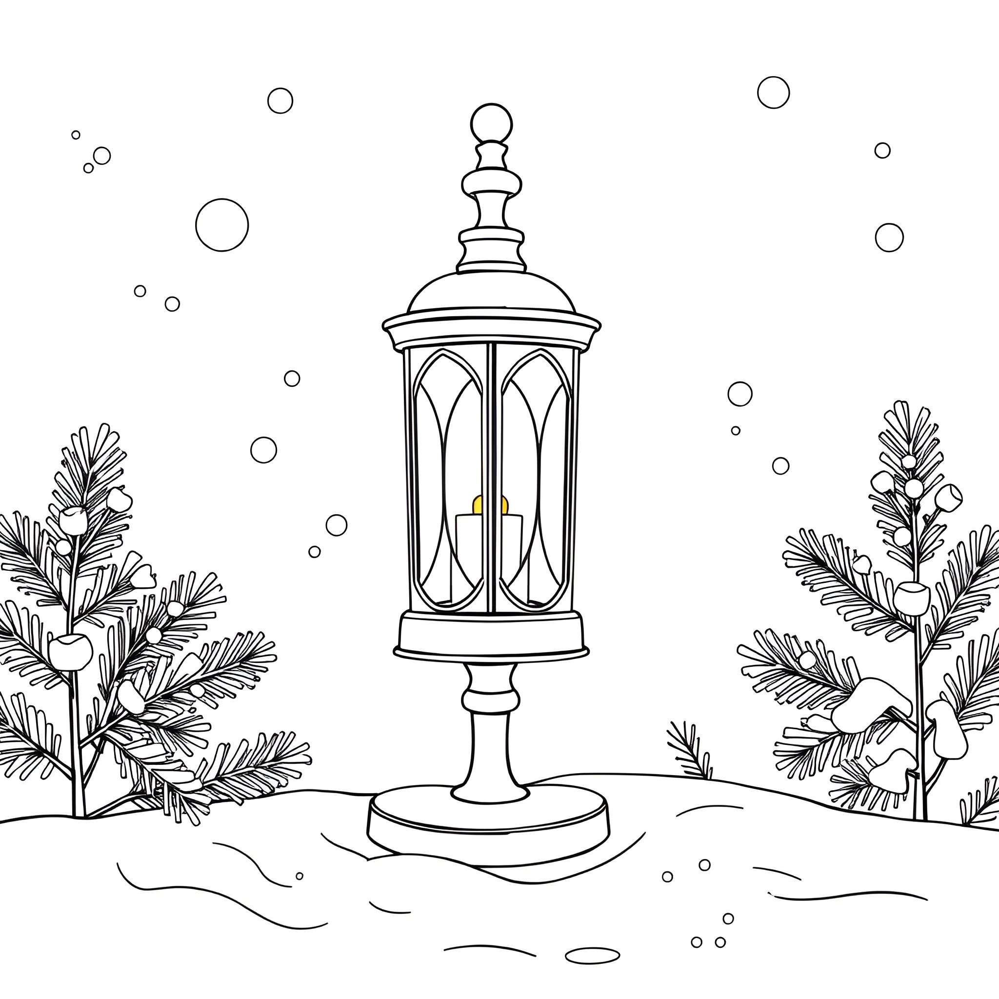 Lantern illuminating the snowy winter scene Coloring Page (free black-and-white line drawing printable PDF for all, from beginners to advanced learners, including children, teens, adults, and seniors)