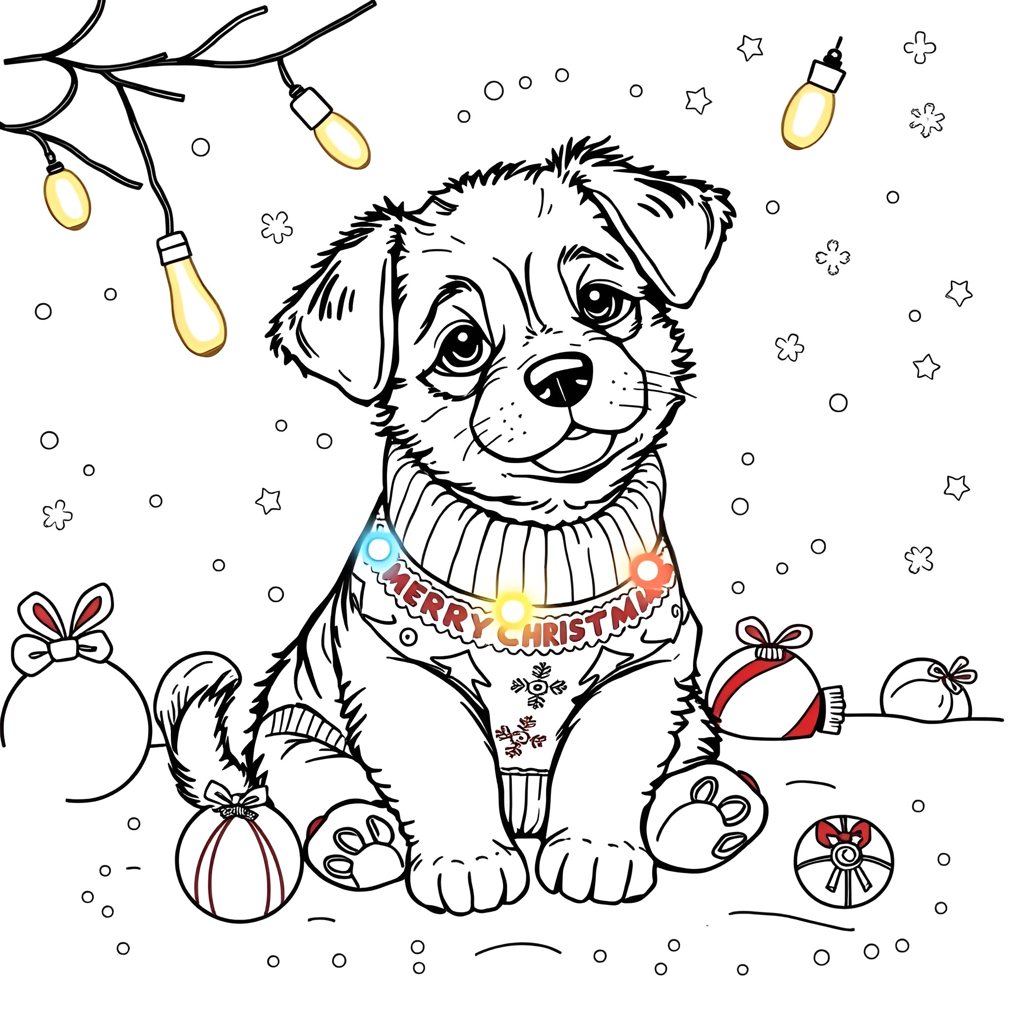 Puppy enjoying Christmas lights and ornaments Coloring Page (free black-and-white line drawing printable PDF for all, from beginners to advanced learners, including children, teens, adults, and seniors)